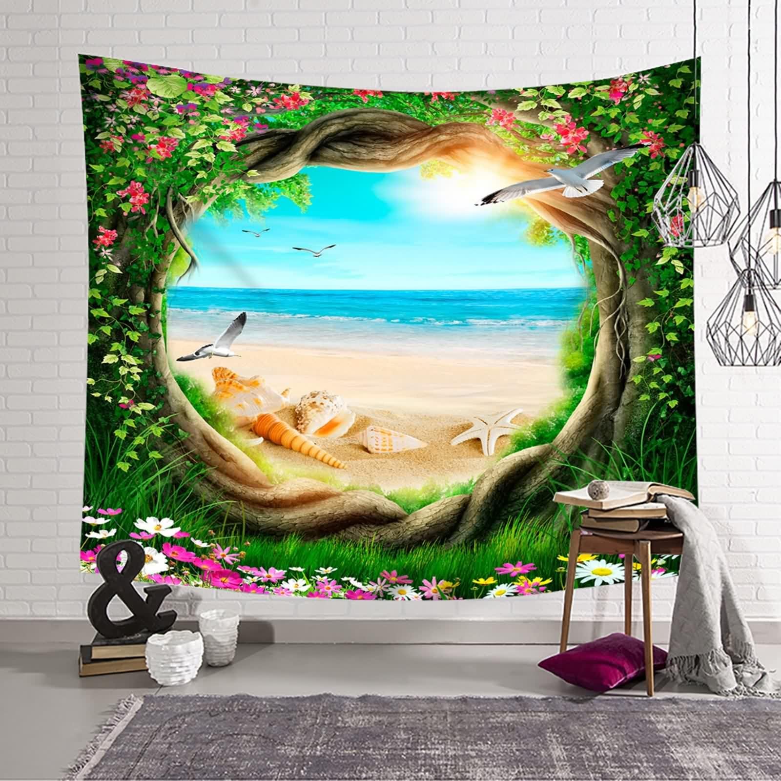 Tolldek Dywan ścienny z motywem natury, 350 x 256 cm, muszla plażowa, kwiaty, drzewo, ozdoba na ścianę, zielona, chusta na ścianę, obrus na stół, dekoracja salonu