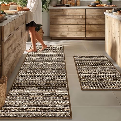 BSICPRO Kitchen Rugs Sets of 2, Non Slip Kitchen Mats for Floor, Brown | 22'x59'+20'x32', Stain Resistant, Washable, Rub