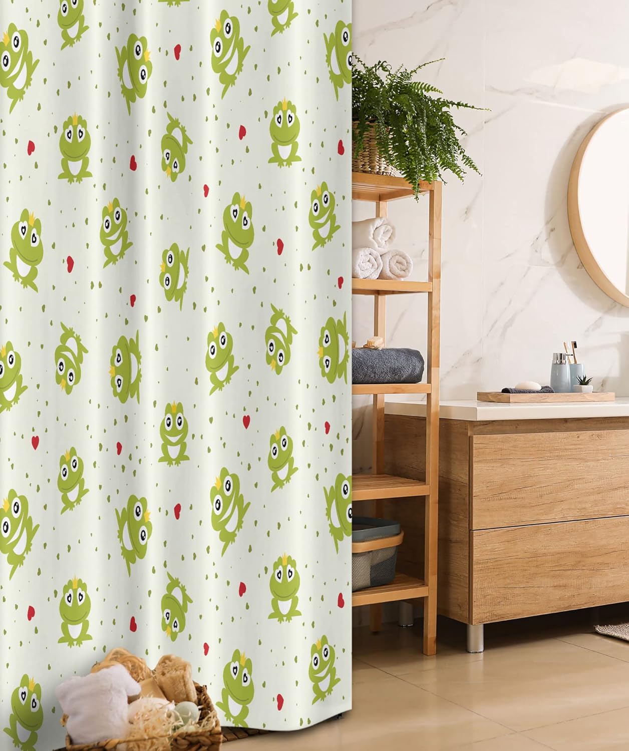 Ambesonne Animal Stall Shower Curtain, Illustration of Frog Prince on Heart Dotted Retro Background Love Romance, Fabric Bathroom Decor Set with Hooks, 36" W x 72" L, Green Red White