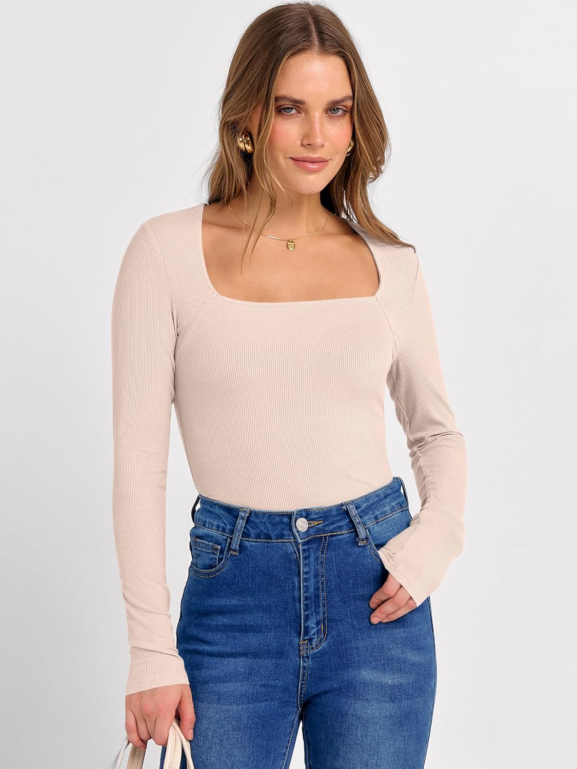 ANRABESS Long Sleeve Shirts for Women Square Neck Tops Ribbed Knit Slim Fit Basic Tee Going Out Fall Fashion Clothing - Image 2