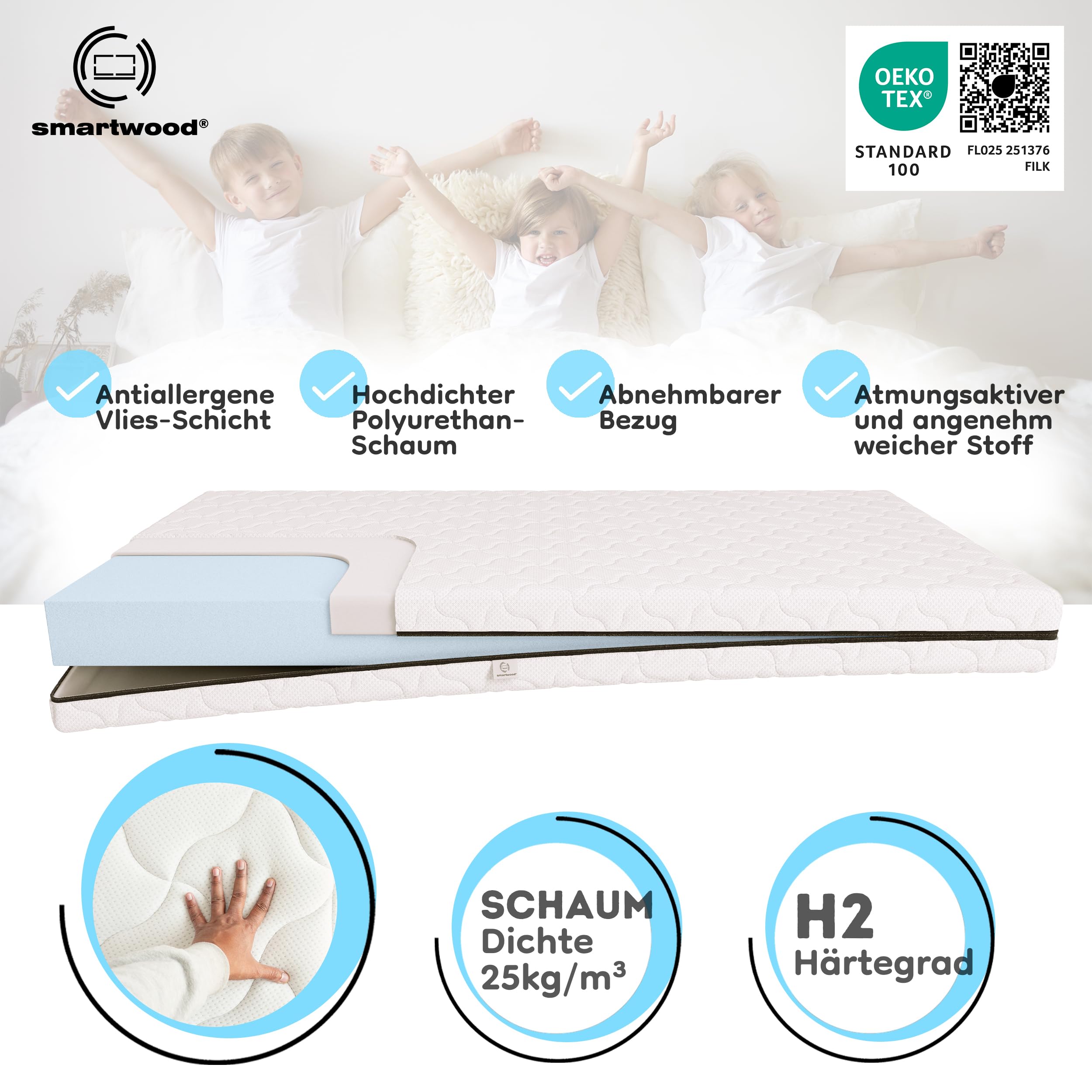 smartwood Kindermatratze 70x100 9cm Matratze für Kinder - H2 Schaumstoffmatratze Oeko-TEX-Zertifiziert - Wendbar - mit Waschbarem Antiallergischem Bezug - SmartComfort | Made in EU