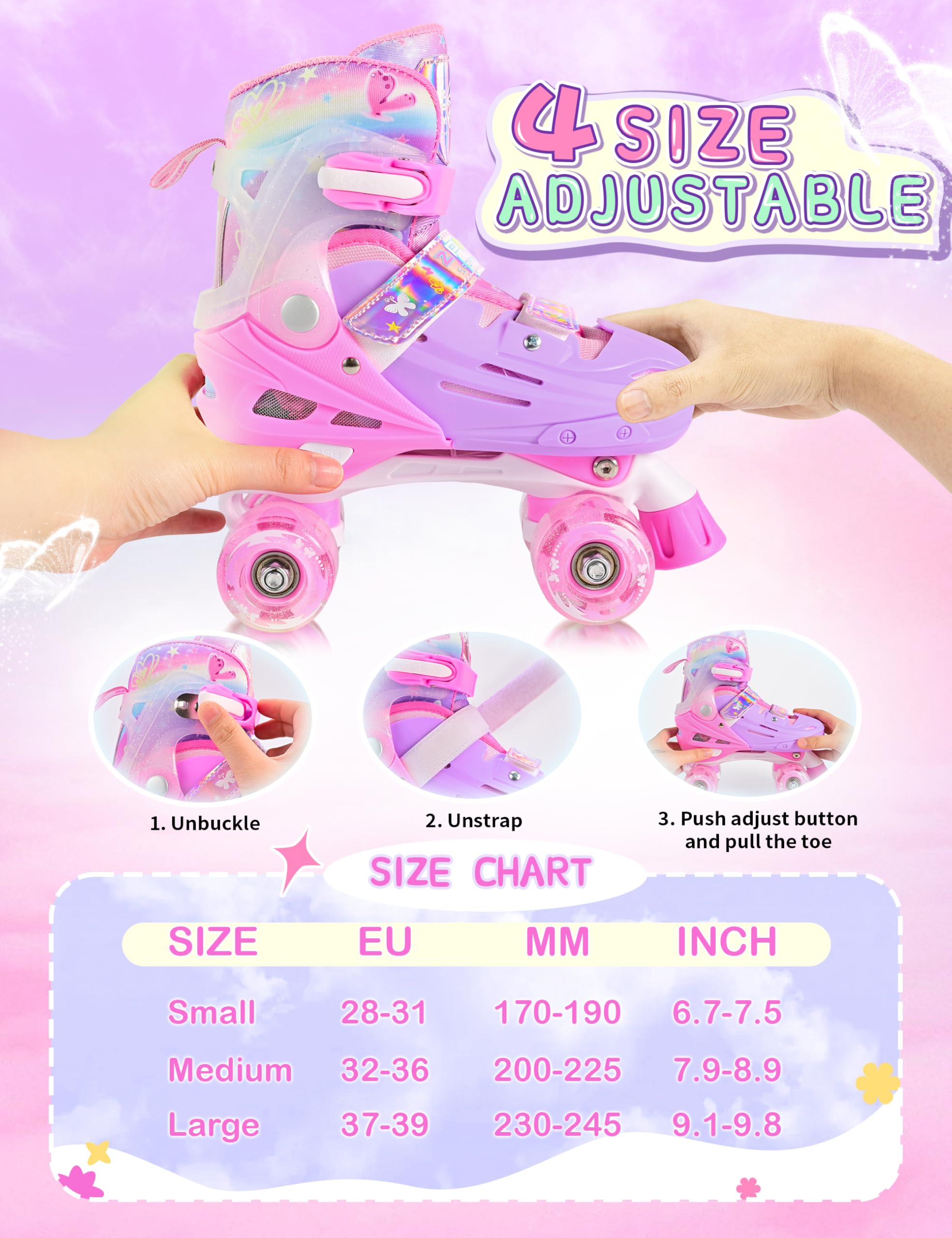 2PM SPORTS Patins à roulettes pour Enfants Fille - Rose Bleu Réglable 4 Roues pour Débutant Intérieur Extérieur