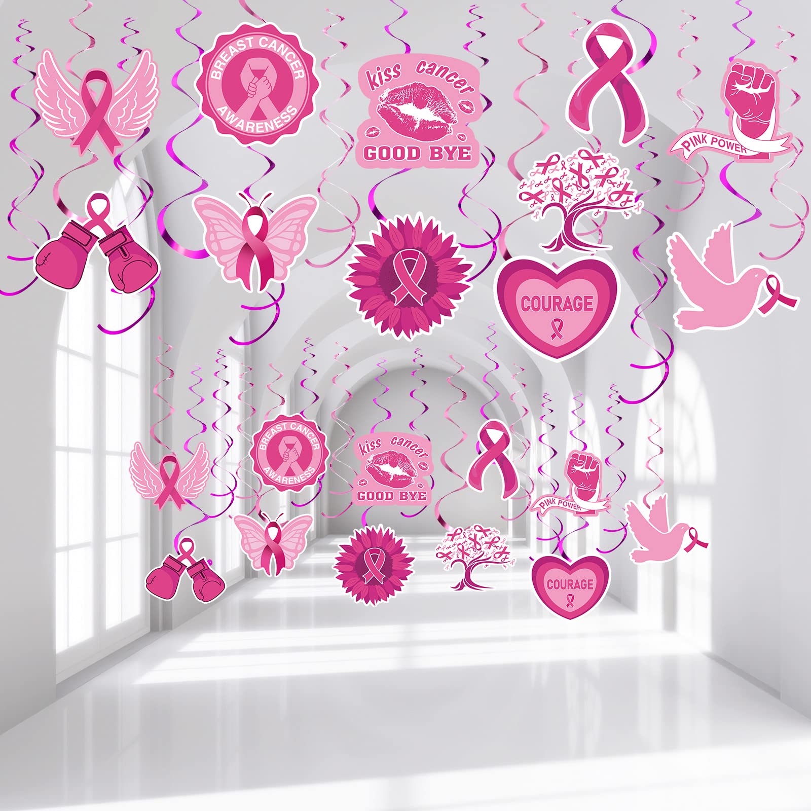 51 Pieces Breast Cancer Awareness Party Decoration Breast Cancer Awareness Hanging Swirls Pink Paper Ribbon Ceiling Streamers Decor for Breast Cancer Awareness Month Party Wall Home Supplies