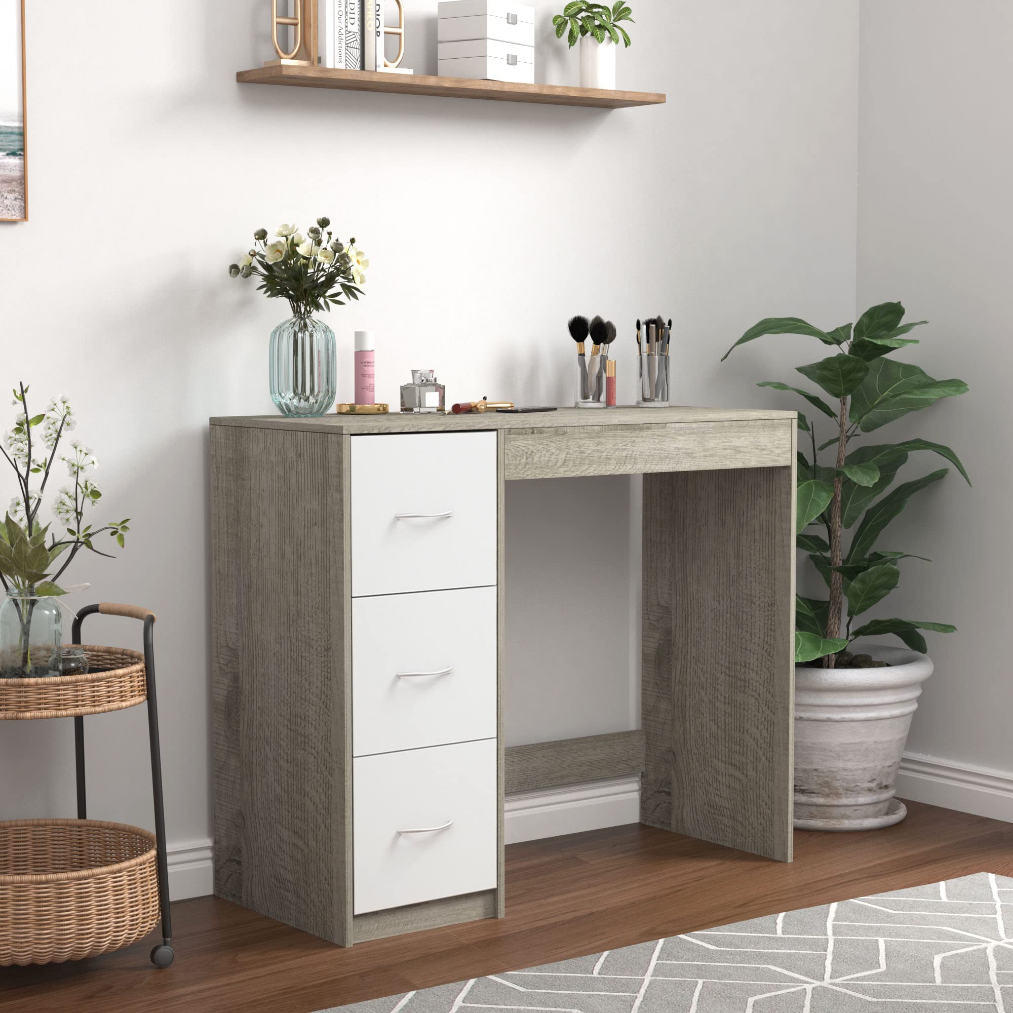 URBNLIVING 3 Drawer Wooden Bedroom Dressing Table (Ash Grey Carcass + White Drawers)