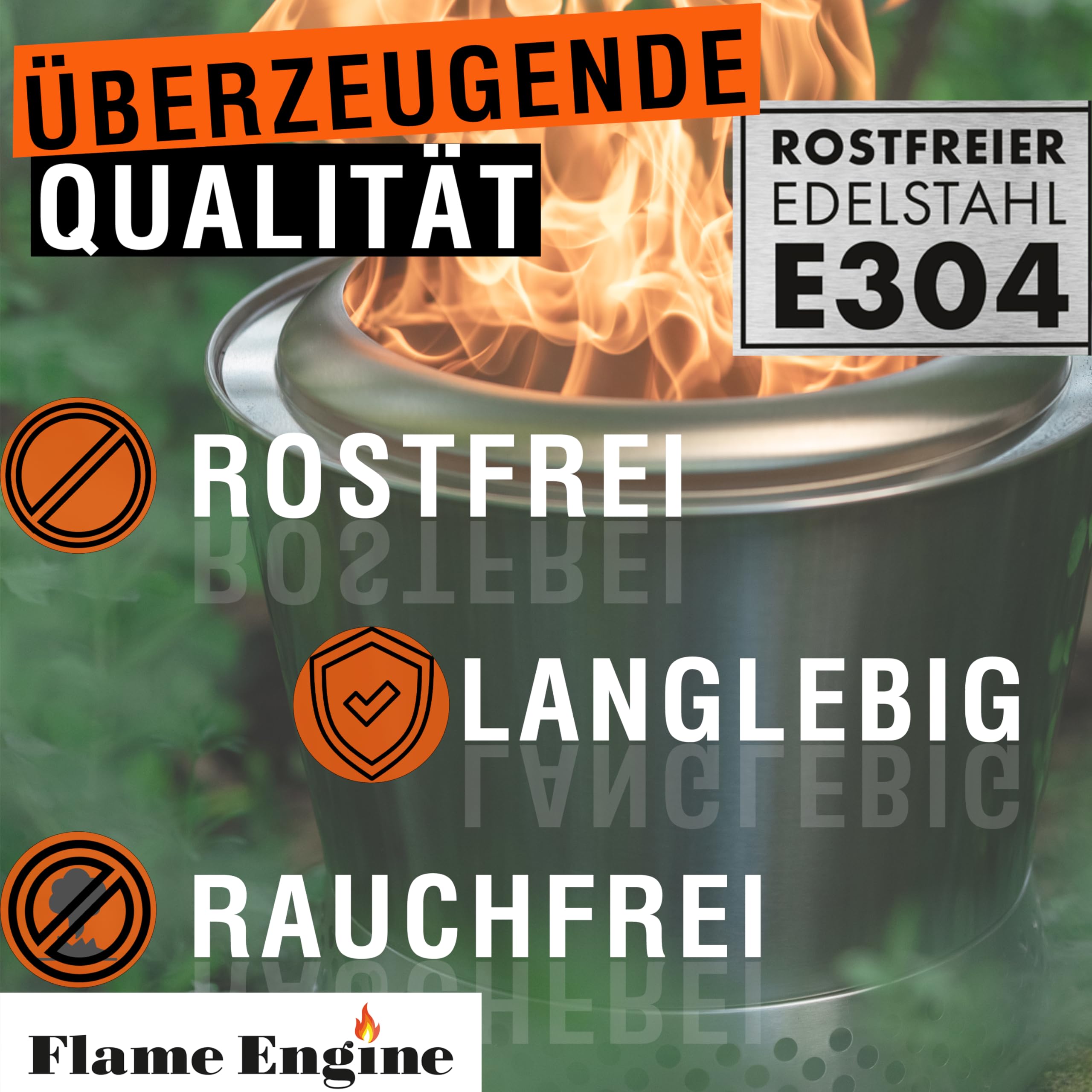 Feuerschale rauchfrei DM 60 cm - Edelstahl Grill Feuerschalen für den Garten - Feuerschale mit Grillrost Camping Zubehör - Holz & Pellets Betrieb - Flame Engine Vulcano Tamu