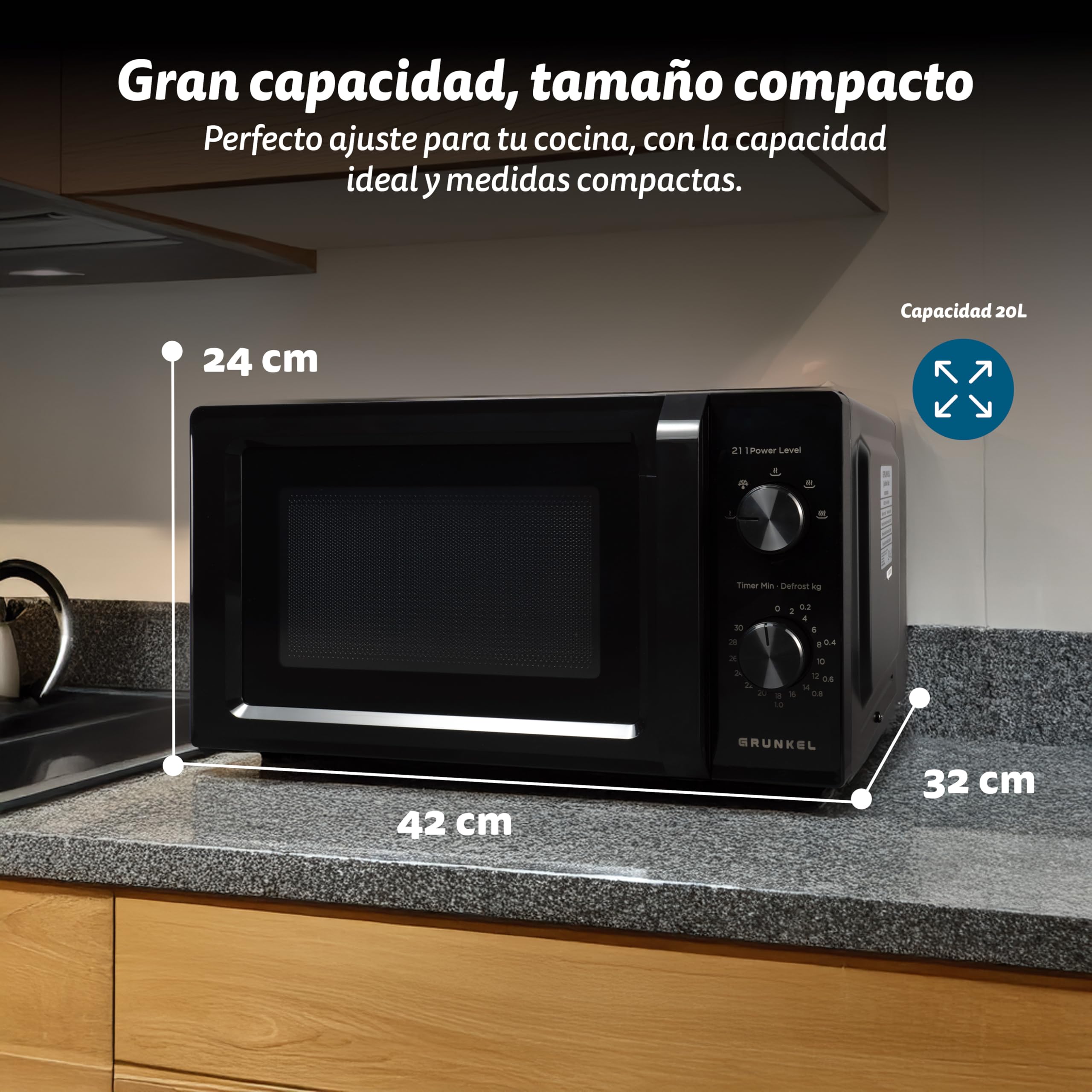 Microondas Grunkel sin grill de 700w MW-20MN con 5 niveles de potencia, descongelacion 20 litros de capacidad y plato de 24,5cm.