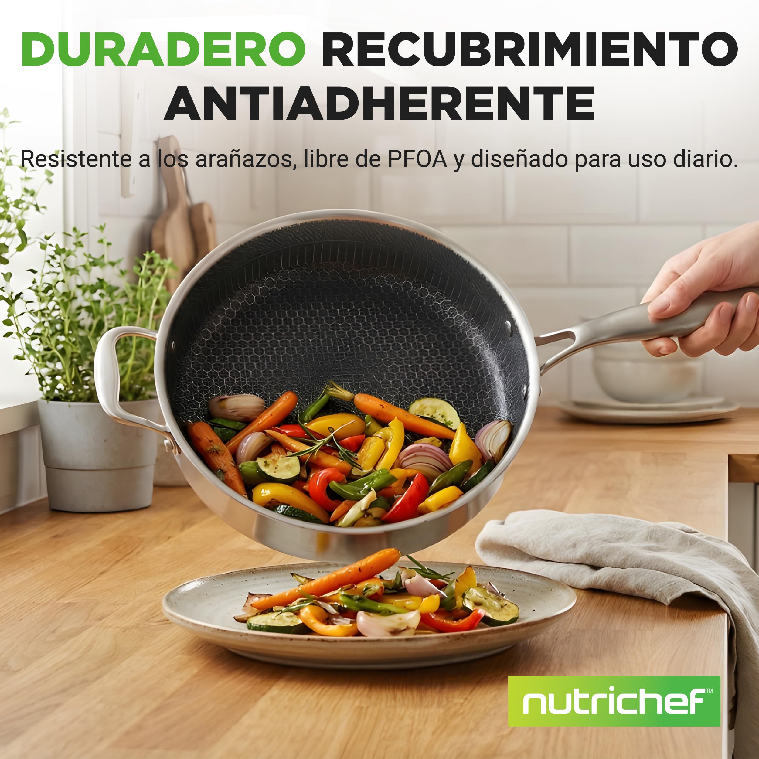 Nutrichef cazuela profunda de 3.2L, Con tapa, Acero inoxidable, Para saltear, Textura tipo panal resistente a rayones, Apta para horno e induccion, Antiadherente