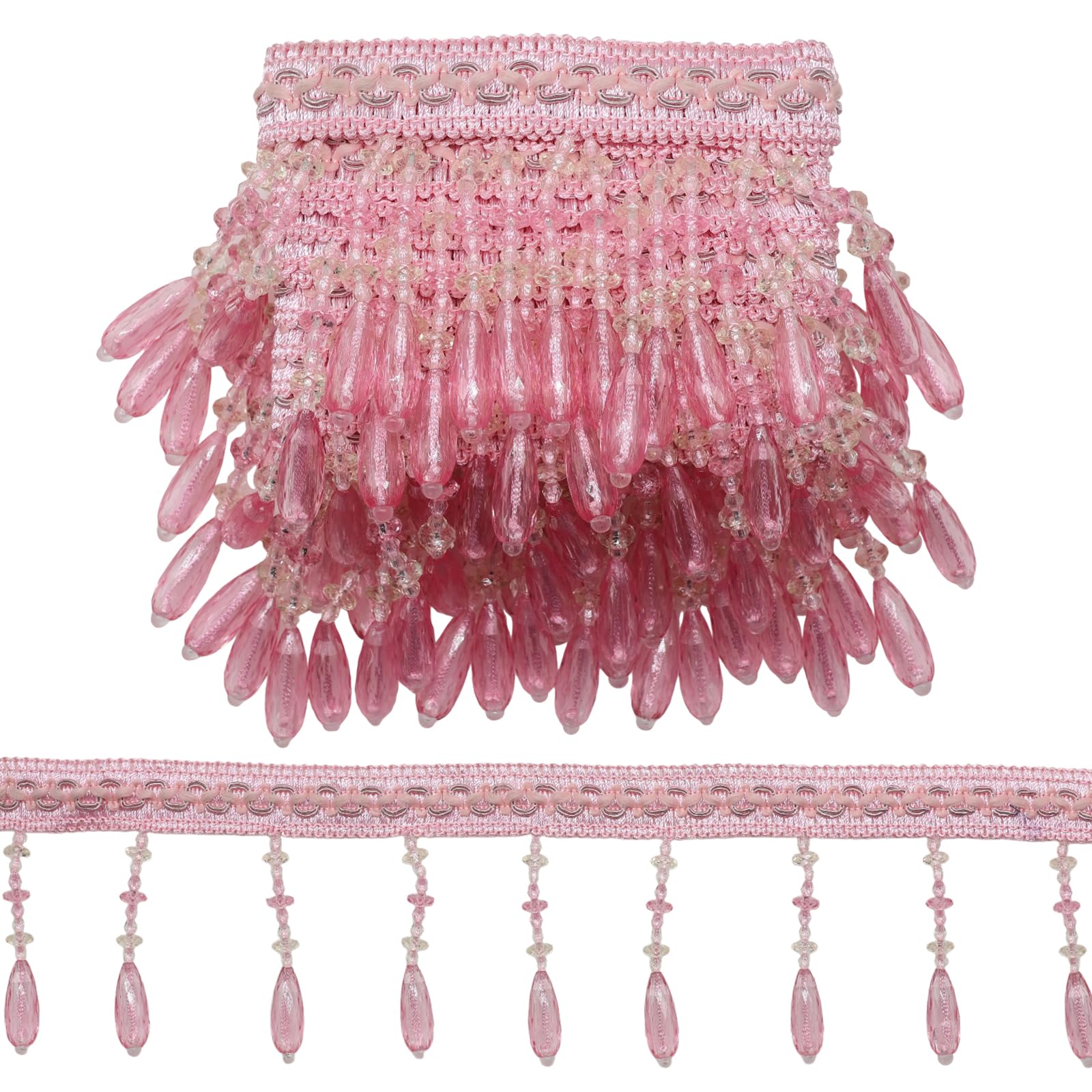 Yalulu 4 Yards Beading Fringe Tassel Trimming, Crystal Beads Tassel Hanging Fringe Beads Curtain Edge Sewing Lace Trim (Pink)