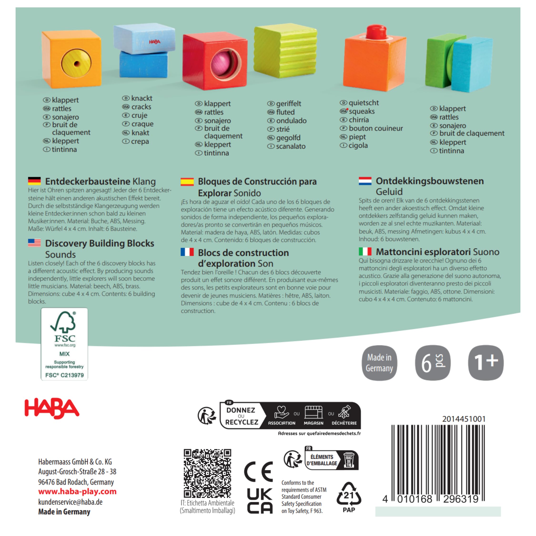 HABA Entdeckerbausteine Klangspaß – 6 Klangbausteine aus Holz für Baby & Kleinkind ab 1 Jahr, Musikspielzeug & Montessori Spielzeug zur Wahrnehmung ab 12M – 2014451001, Edition 2026