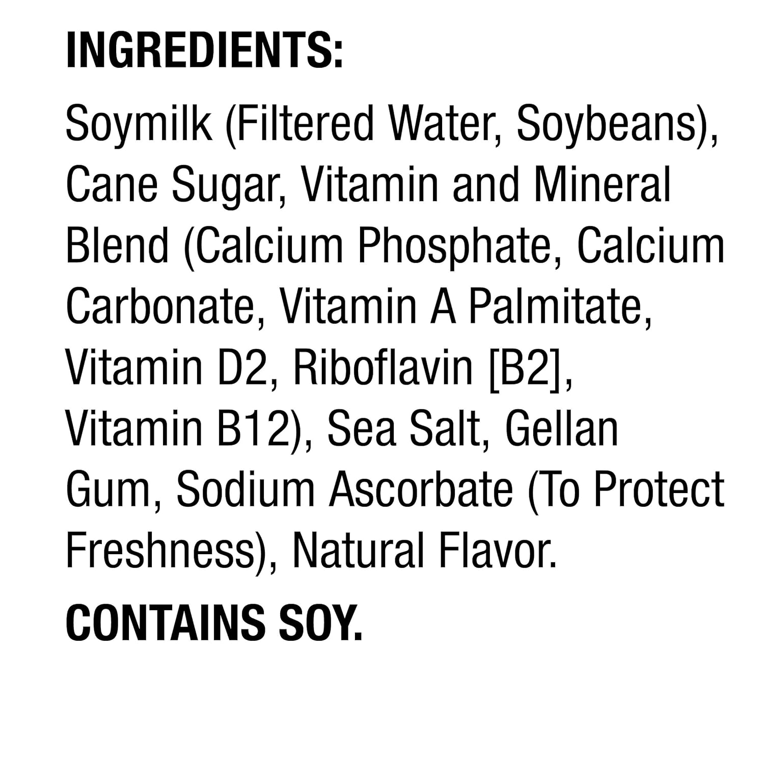 Ingredients list for Silk Very Vanilla Soymilk