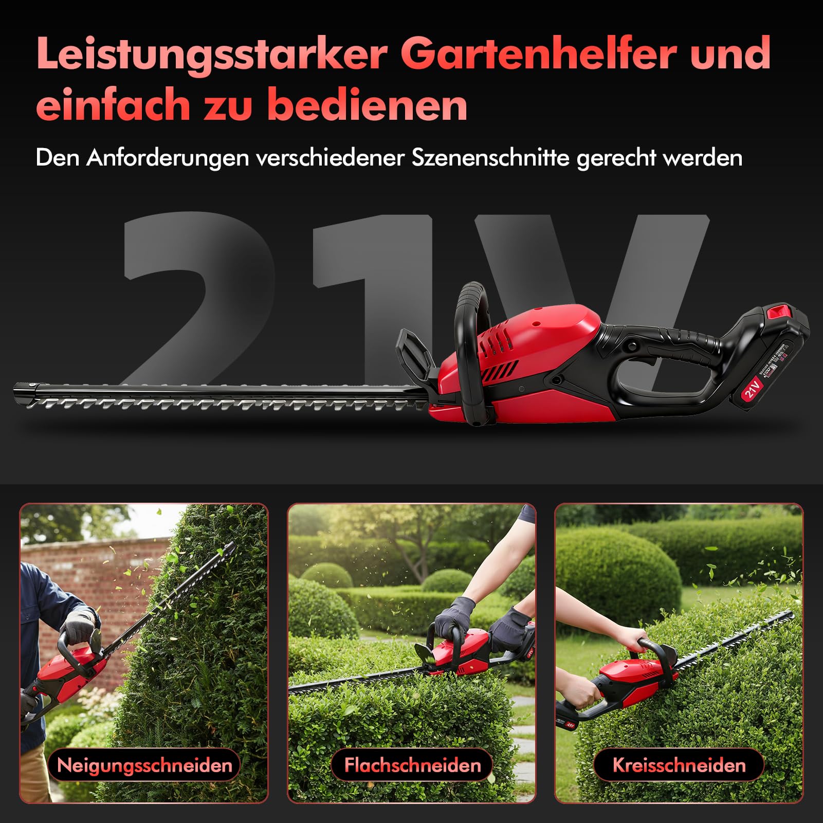 Akku Heckenschere Profi Hecken & Strauchschere, Leicht Akku Heckenschere Elektrisch mit akku und Ladegerät, 50cm Schnittlänge, Schnittstärke 15mm Dual Schnittklingen Verstellbarer Griff