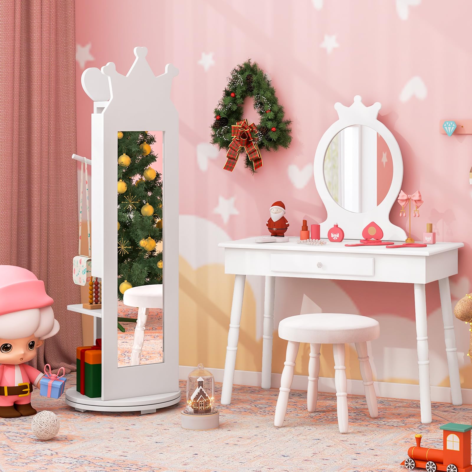 RELAX4LIFE 4 in 1 Armadietto Portagioie per Bambini, Specchio da Terra con Base Girevole a 360° e Appendiabiti, Ideale per Cameretta, 36 x 36 x 112 cm (Bianco)