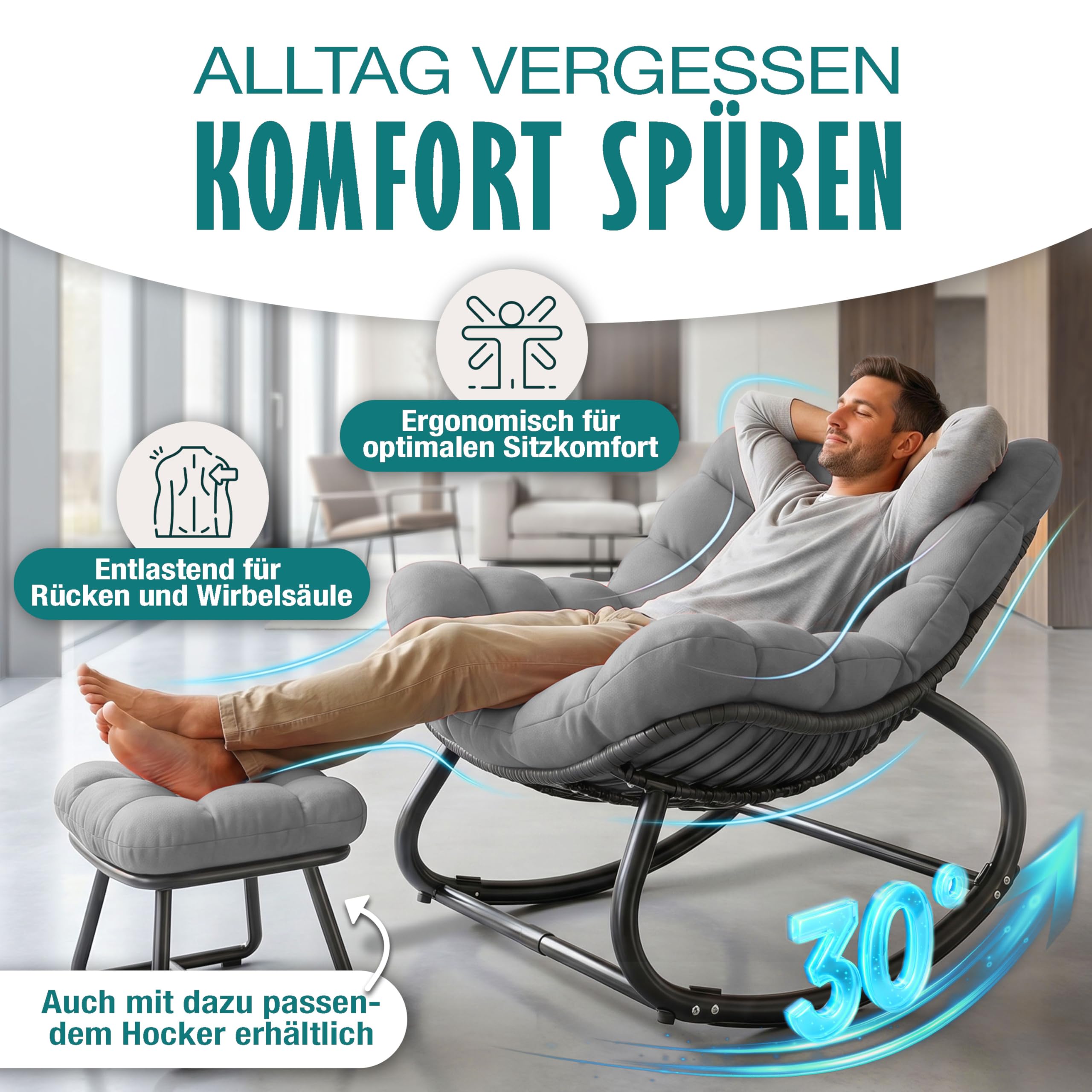 KESSER Sedia a dondolo per interni ed esterni, ergonomica, carico massimo di 120 kg, con piedini antiscivolo, resistente alle intemperie