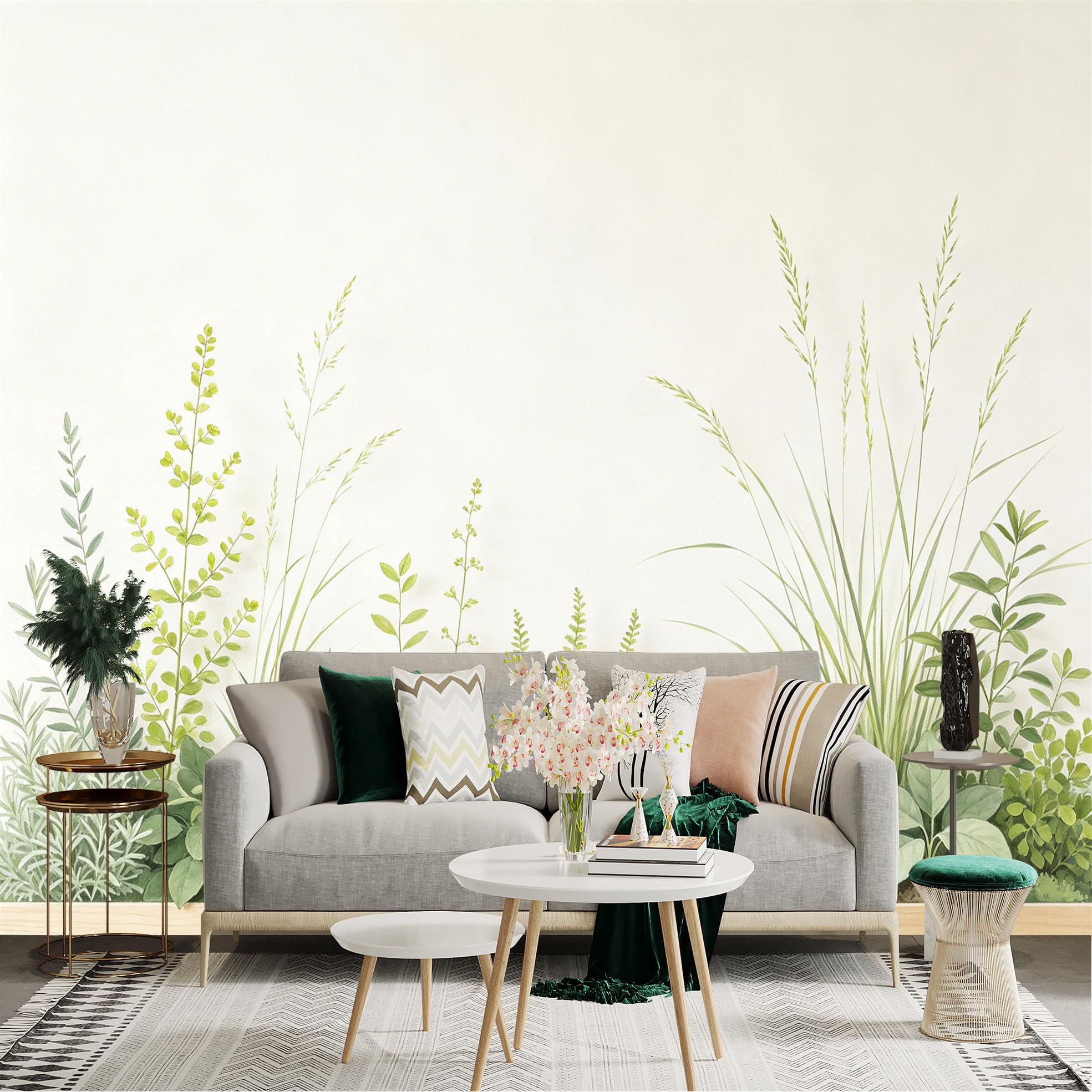 Lnzczhyre Dbh260521093 Custom Size Wall Sticker Mural， Watercolor Green Ferns， Wild Botanical Foliage， Minimalist Plant Illustrations， For Wall Decoration， Peelandstick Wall Decals.