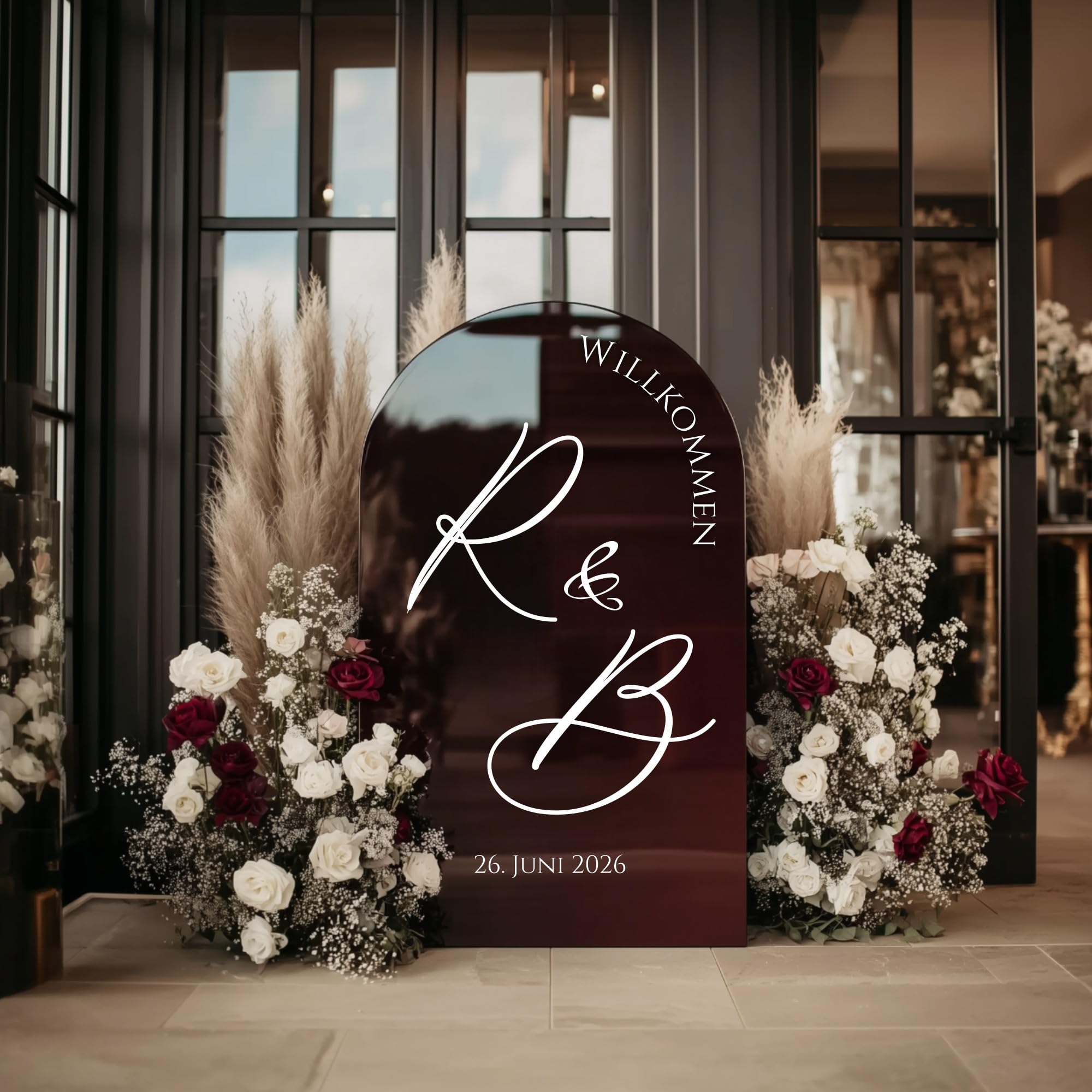 Willkommensschild Hochzeit personalisiert Acrylglas Burgunderrot Hochglanz – elegante Deko für Empfang, Party & Events – Made in Germany