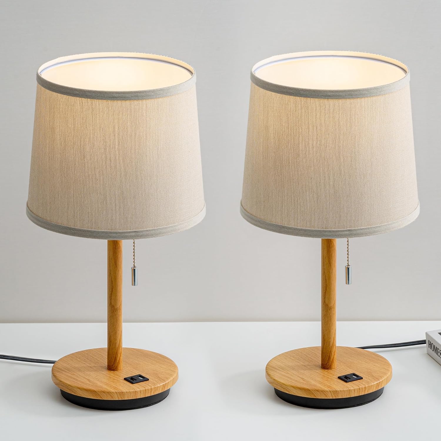 Modern Table Lamp for Bedroom Desk Lamp with USB Port, Fabric Shade 3 Brightness Levels Nightstand Lamps for Living Room, Bedside, Study Room, Dorm, LED Bulb Included (Flaxen) Flaxen 