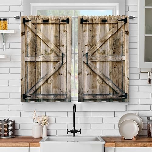 Jekeno Cortinas rústicas de cocina de madera Cortinas de café cortas vintage para sala de estar, dormitorio, decoración de puerta de granero Jekeno Cortinas rústicas de cocina de madera Cortinas de café cortas vintage para sala de estar, dormitorio, decoración de puerta de granero