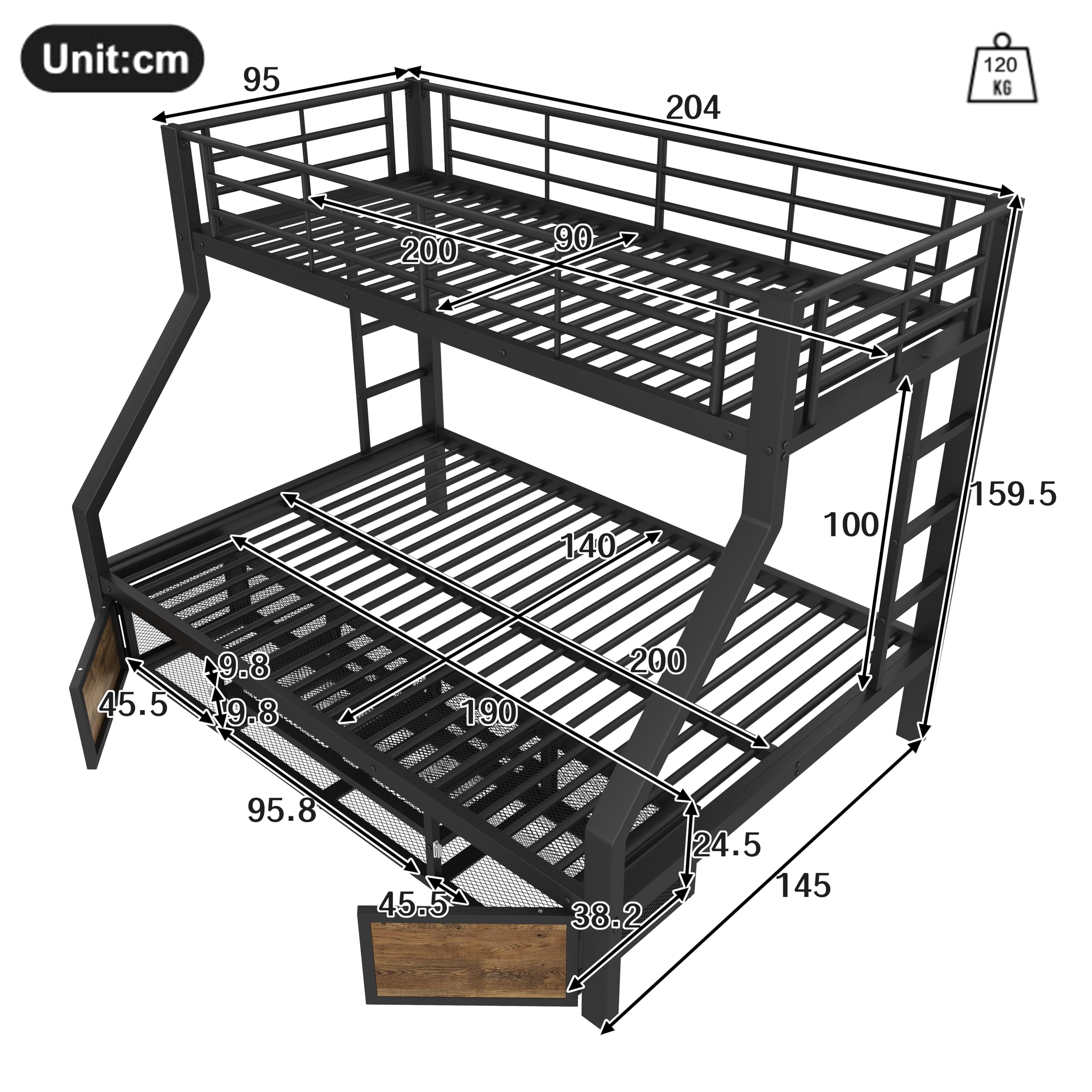 Cama apilable 90 x 200 cm+140 x 200 cm, cama infantil, con zapatero, compartimentos de almacenamiento, barandillas de seguridad, escalera, certificada EN747, sin colchón (Negro)