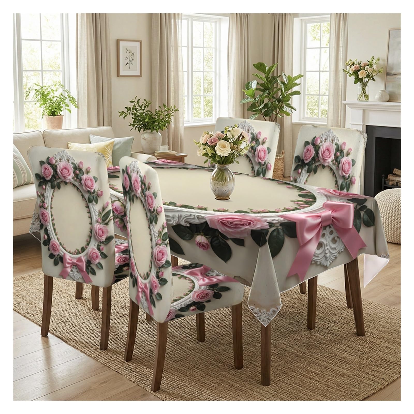 BOSUYBN Vintage Pink Rose Wreath Bow Frame Printed Dining Tablecloth & Chair Covers Set, 5/7 Piece Shabby Chic Romantic Cottage Home Decor Table Setting(5pcs Set: Tablecloth+Chair Covers)