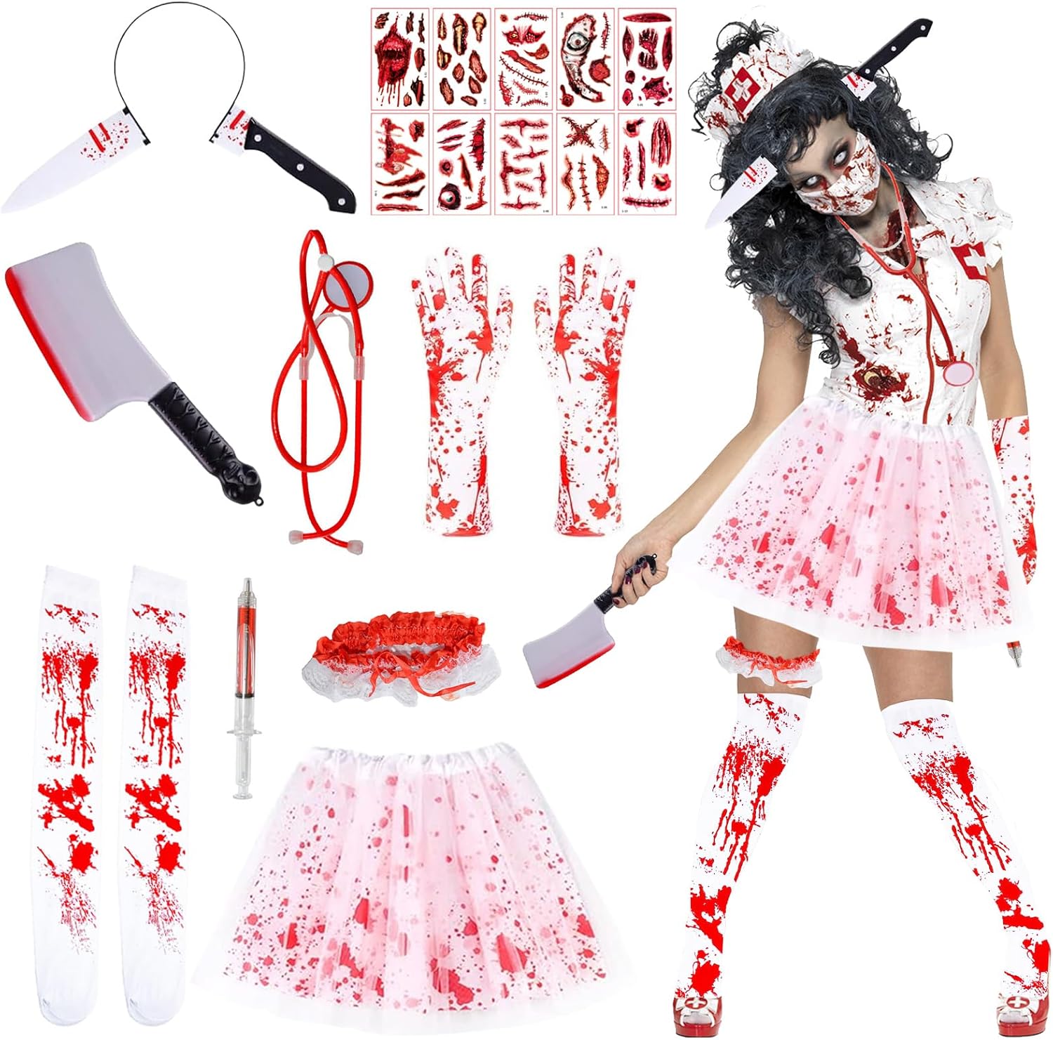 HUIKUANGEU Bloodstained White Long Sleeve Dress, Bloody Nurse Costume