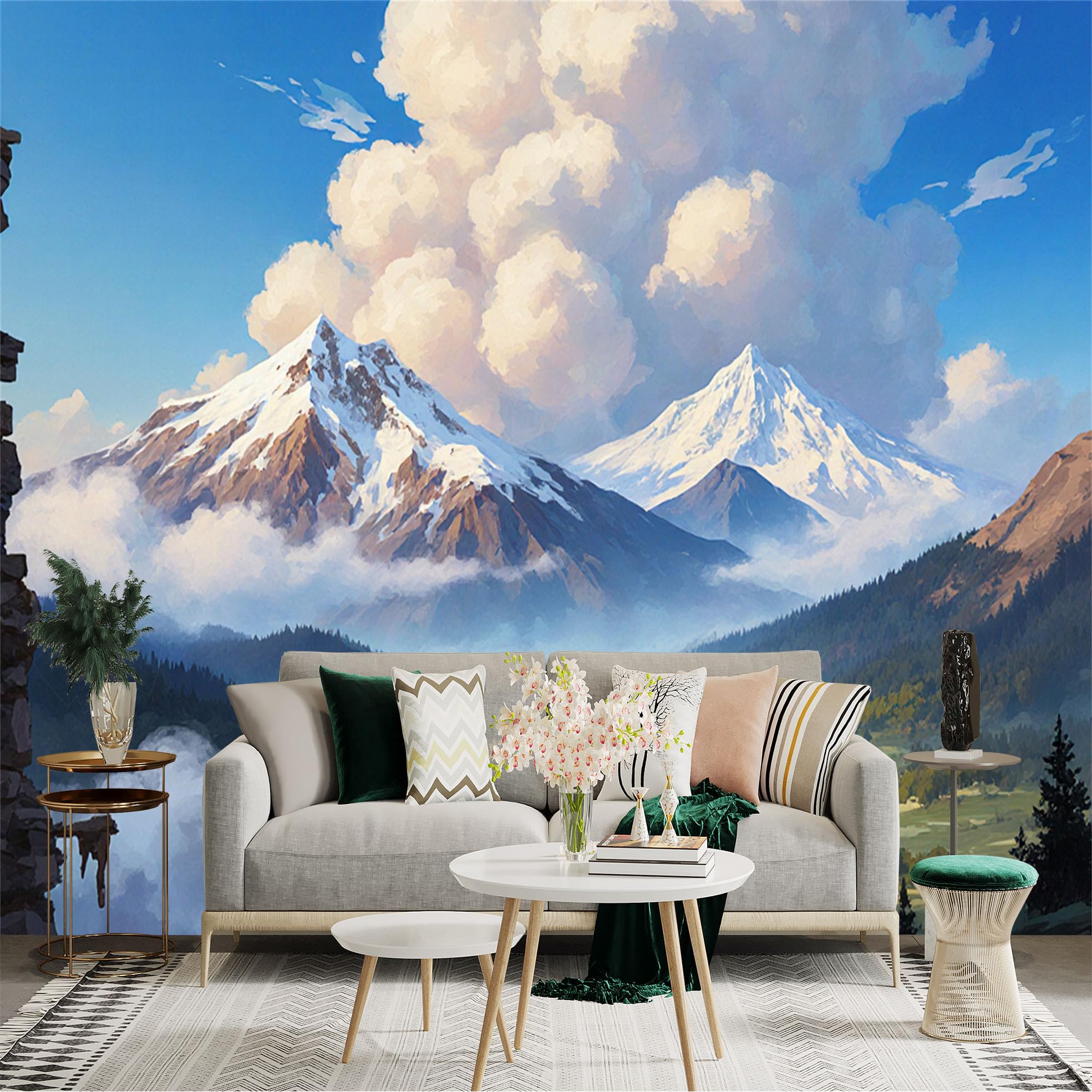 Lnzczhyre Xc260505081 Custom Size Wall Sticker Mural， Snow Capped Mountain Peaks， Majestic Clouds And Valley Landscape， For Wall Decoration， Peelandstick Wall Decals.