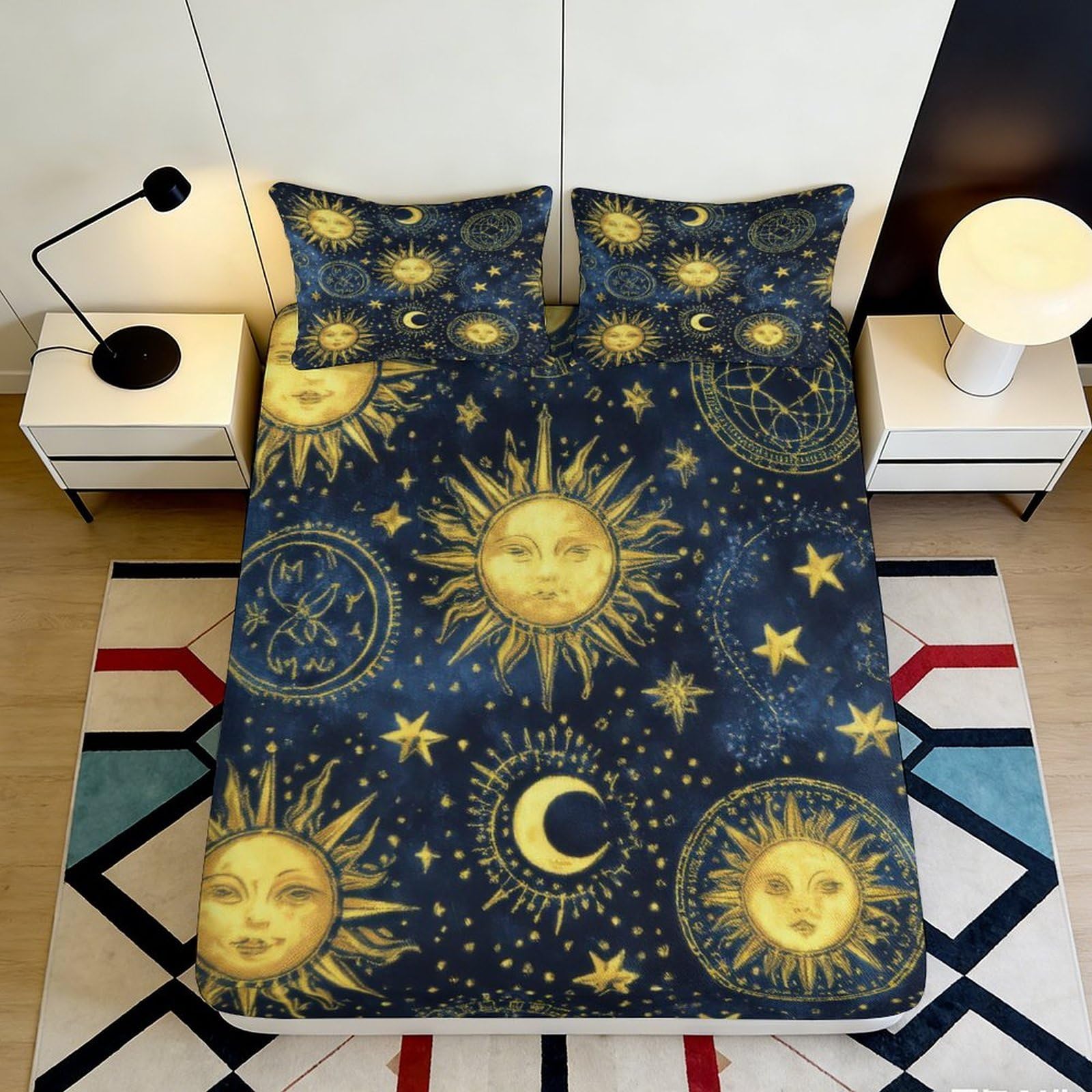3D Printed Celestial Sun Moon Fitted Sheet Microfiber Dark Blue Star Astrology Mattress Cover for Bedroom Dorm Decor 90x200x25cm