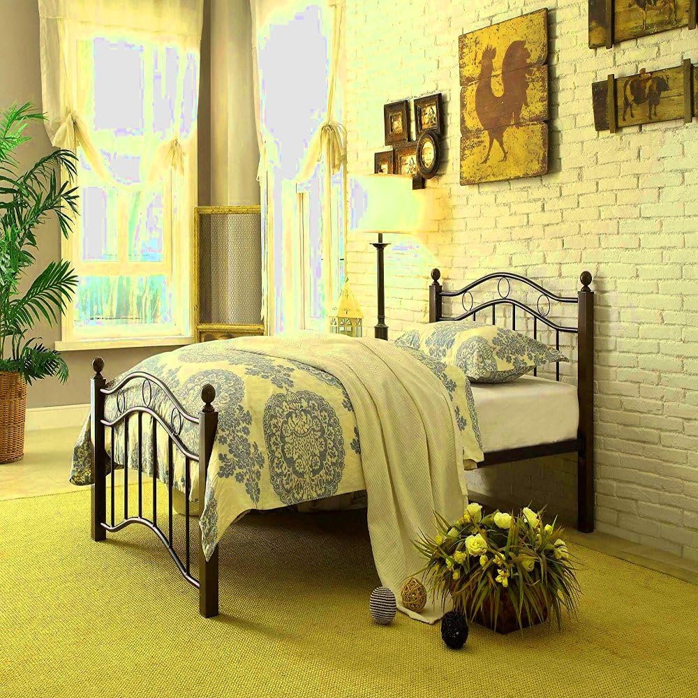 Black Metal Twin Bed Frame with Brown Details Platform Bed