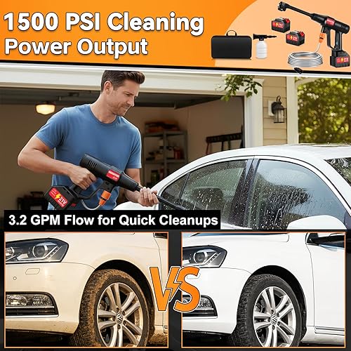 Miniatura 2 de Lavadora a presión inalámbrica alimentada por batería, lavadora a presión portátil de mano de 1500 PSI con 2 baterías de 4000 mAh, boquilla 6 en 1,