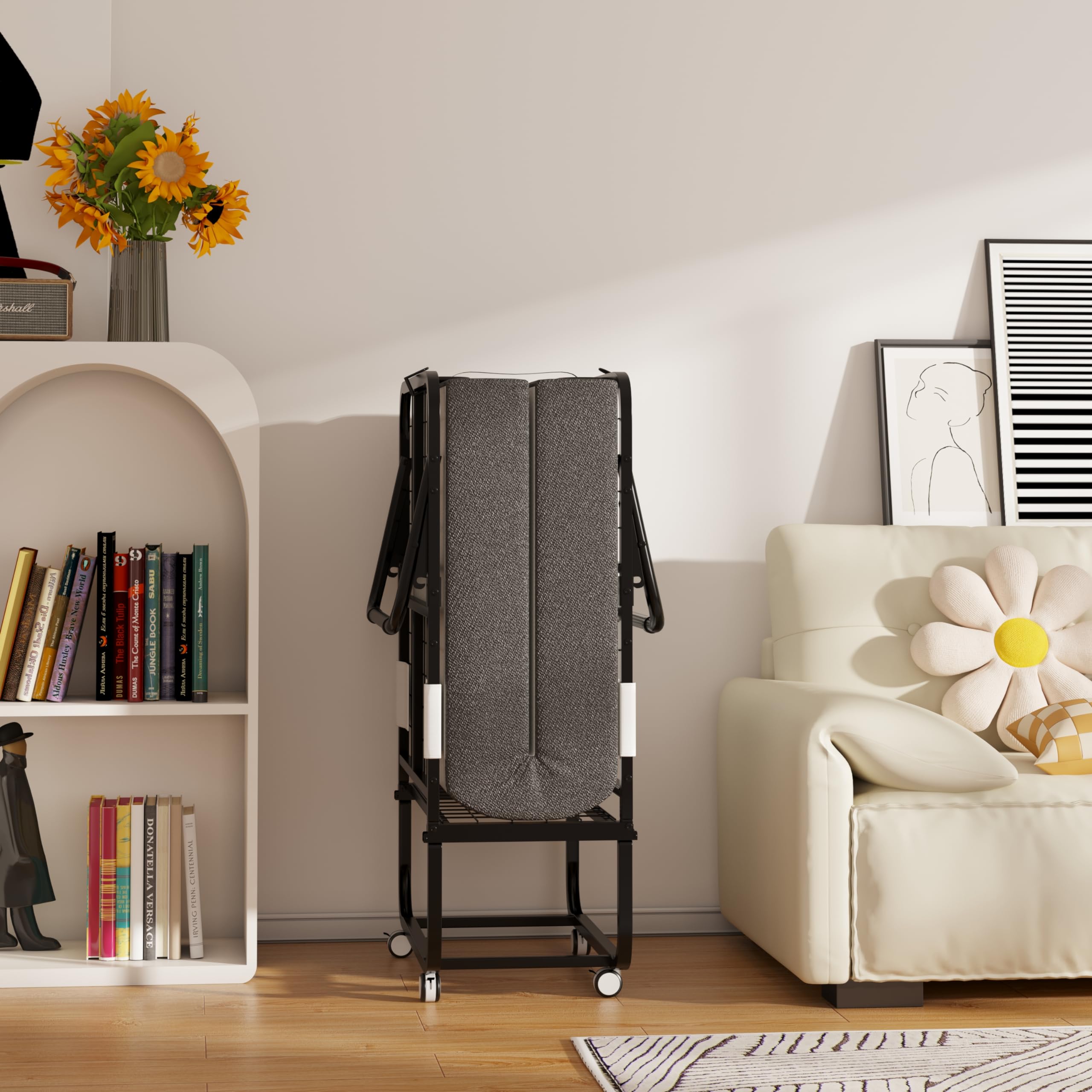 75" x 35" Folding Bed with Mattress - Twin Size Sturdy Frame Portable Foldable Rollaway Guest Bed for Adults, 5-Inch Thick Luxurious Memory Foam, Space Saving Fold Up Bed with Wheels Easy Storage