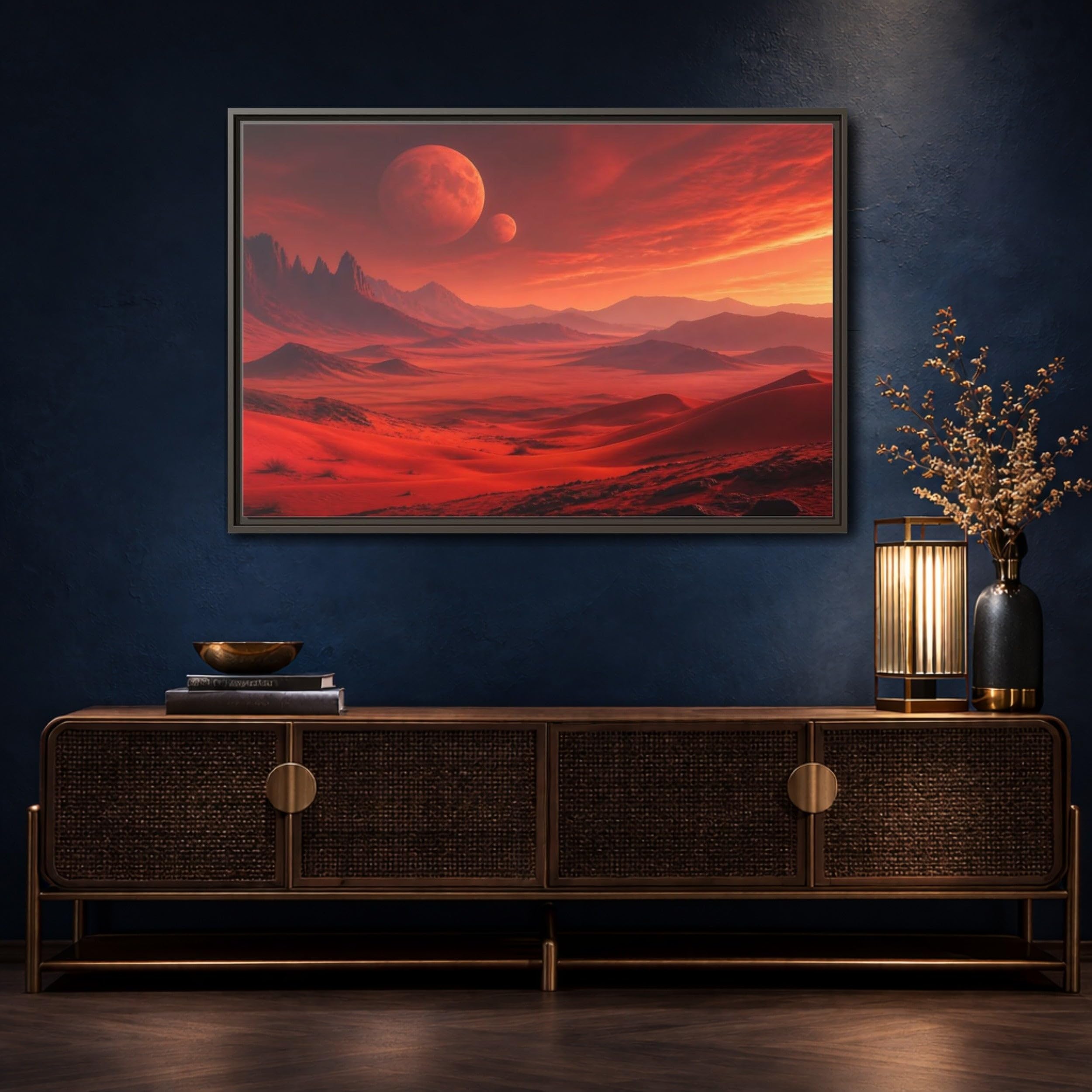 Science Fiction Red Planet Landscape Framed Canvas Wall Art Print – Realistic Living Room, Above Console Table 36×24 inch (90×60 cm) - Horizontal/White / 1.25 inch (3 cm)