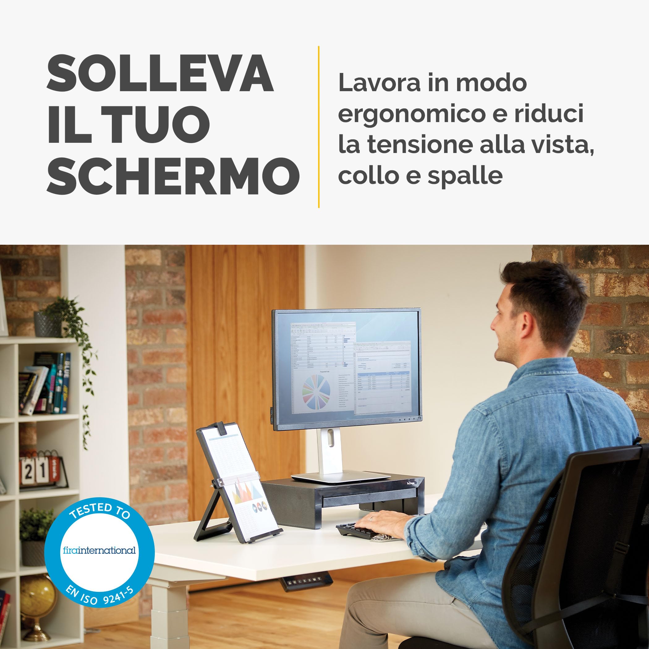 Fellowes Supporto monitor Designer Suites, supporto monitor scrivania regolabile in 3 altezze con cassetto integrato, rialzo monitor per computer, laptop, iMac, PC, notebook, peso massimo 18 kg, nero