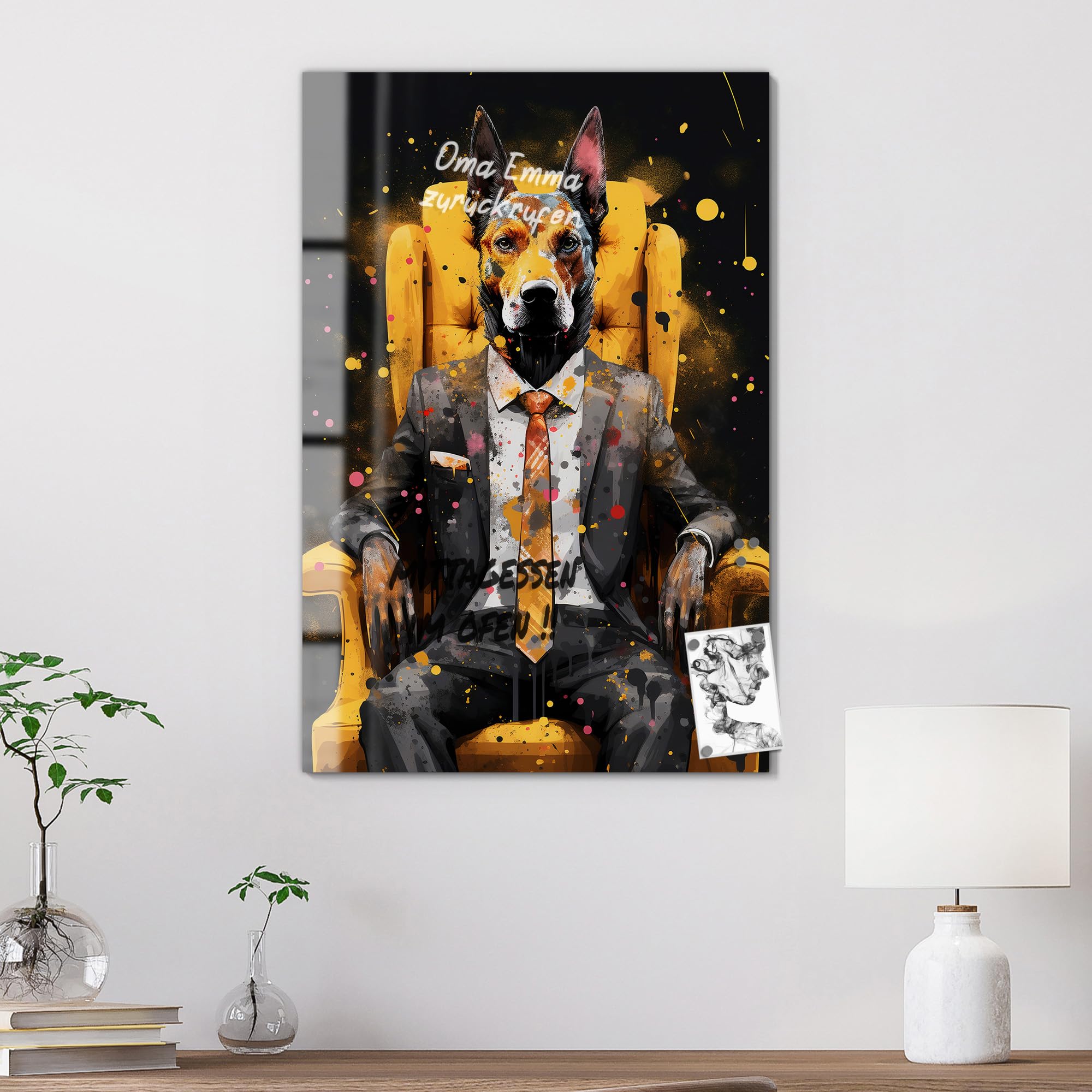 DEQOART Pizarra magnética de cristal, 60 x 90 cm, diseño "Canine Eleganz", pizarra magnética de cristal, incluye imanes, bolígrafo y paño para cocina y oficina, pizarra magnética y se puede escribir