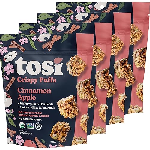 Tosi Crispy Puffs (3 onzas, paquete de 4), aperitivos crujientes veganos, 0.23 oz de proteína a base de plantas, sin nueces, apto para alérgenos,