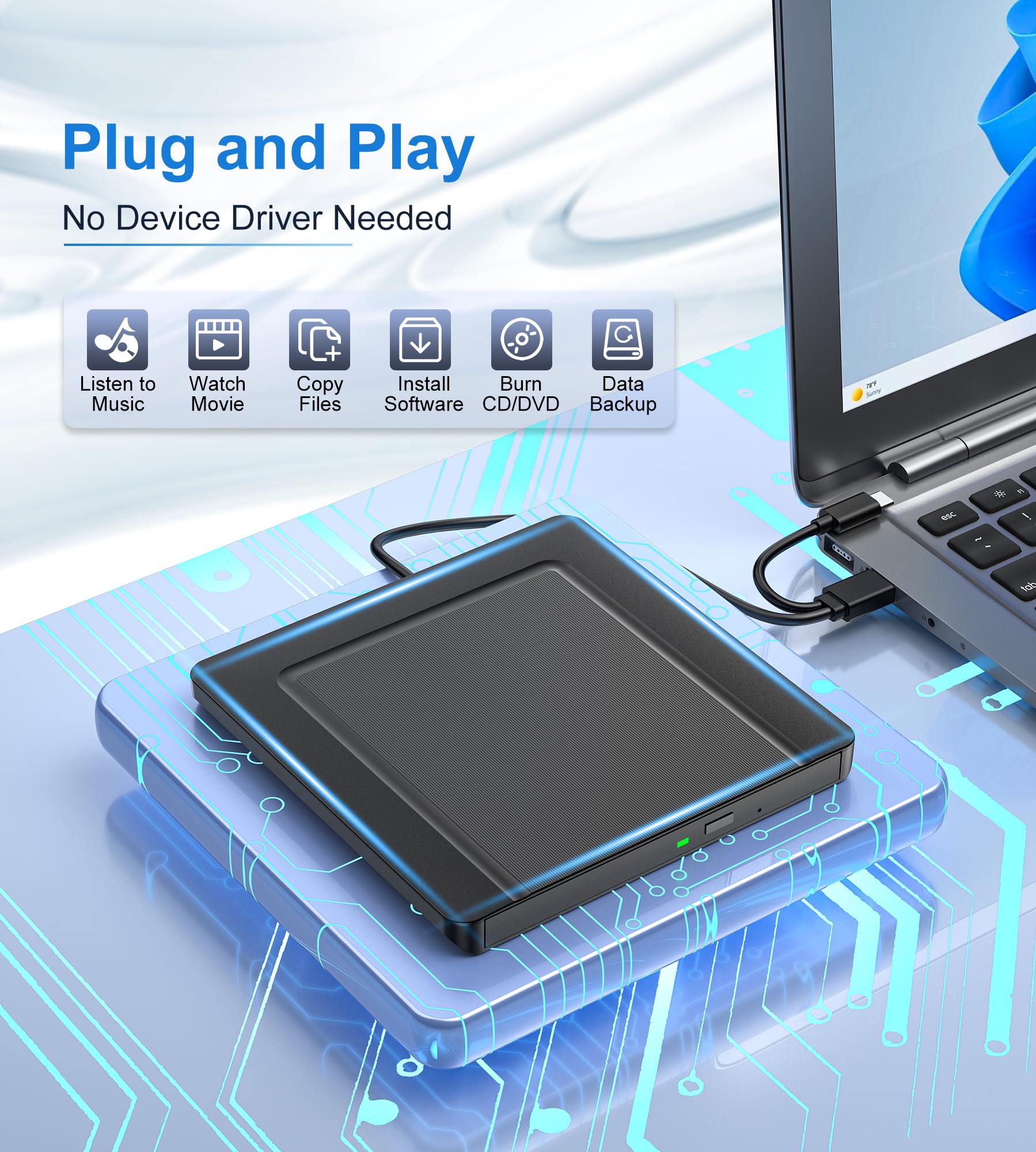 Zewnętrzny napęd CD DVD USB 3.0 USB-C CD DVD +/-RW ROM optyczny do laptopa MacBook Windows 11/10/8