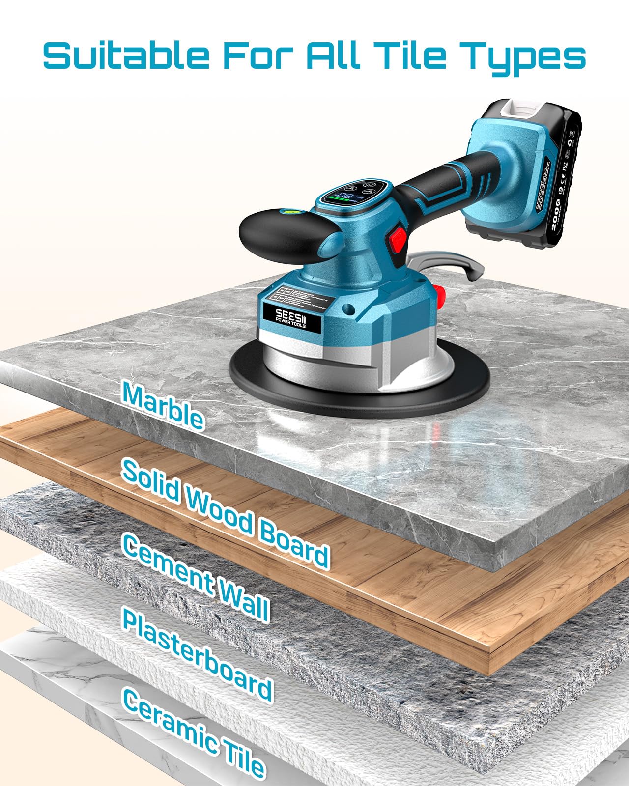 SEESII CX76 Ventouse Vibrante Carrelage Sans Fil - Machine de Nivellement avec 2x2000mAh Batteries, Ventouse de 145mm, 10 Vitesses Réglables, pour Professionnels et Bricoleurs