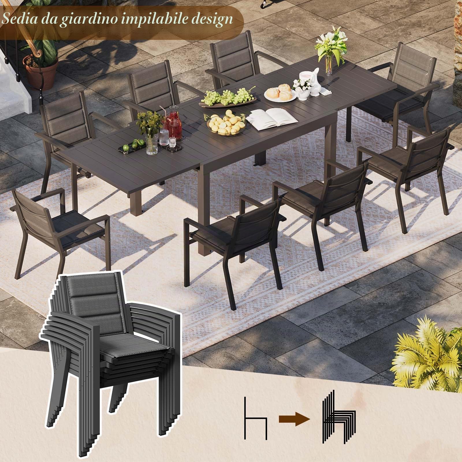 TRIUMPHKEY Set Tavolo e Sedie da Giardino per 8 Persone con Tavolo e Sedie da Esterno Allungabile (130-260 cm) e 8 Sedie Impilabili in Alluminio - Set per Terrazzo e Giardino, Grigio scuro