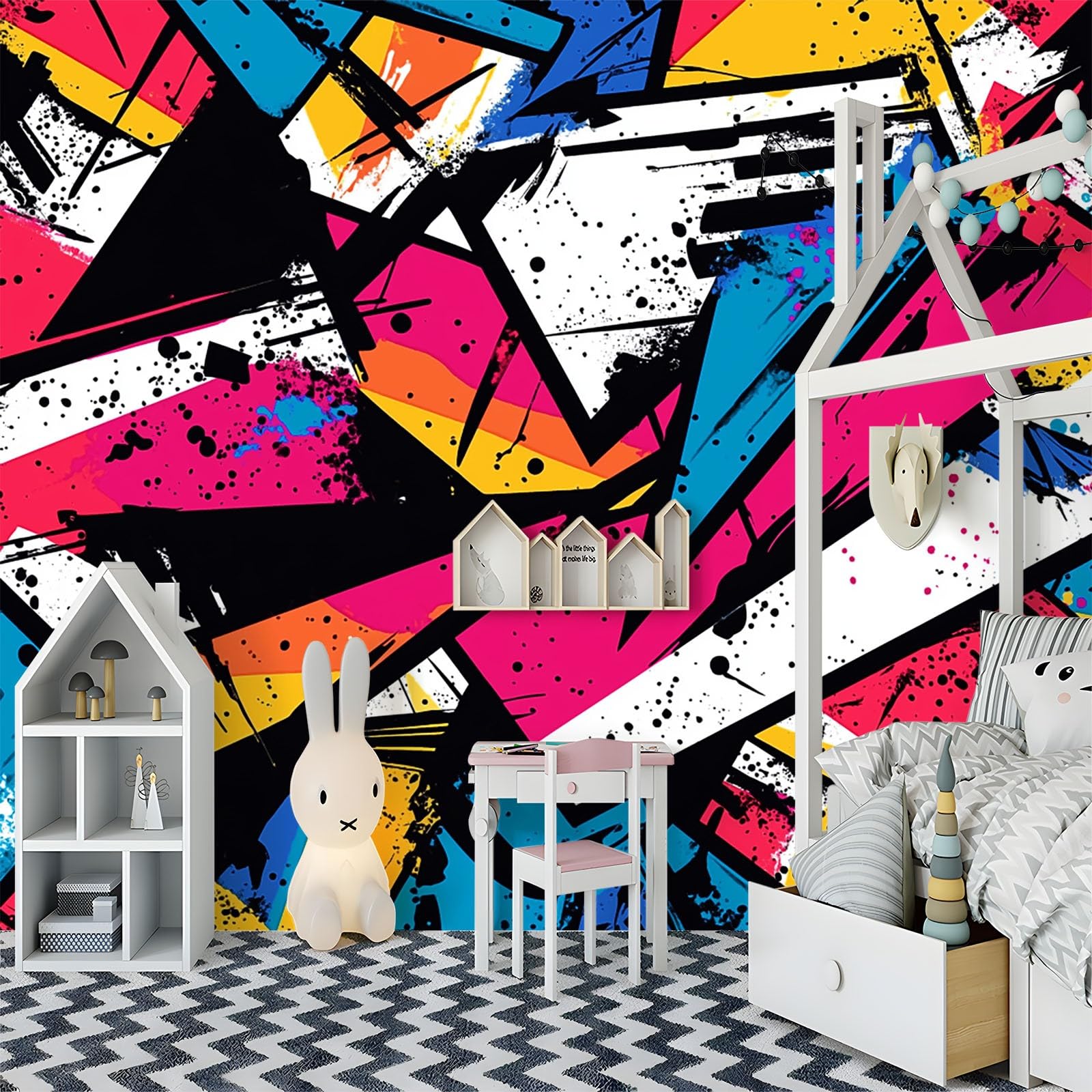 Doodle geometrica astratta Carta da Parati Panoramica 400 x 280 cm (L x A) Poster da Parete in Tessuto non tessuto 3D da Parete per Soggiorno Camera dei Bambini Decorazione Stile StreArt