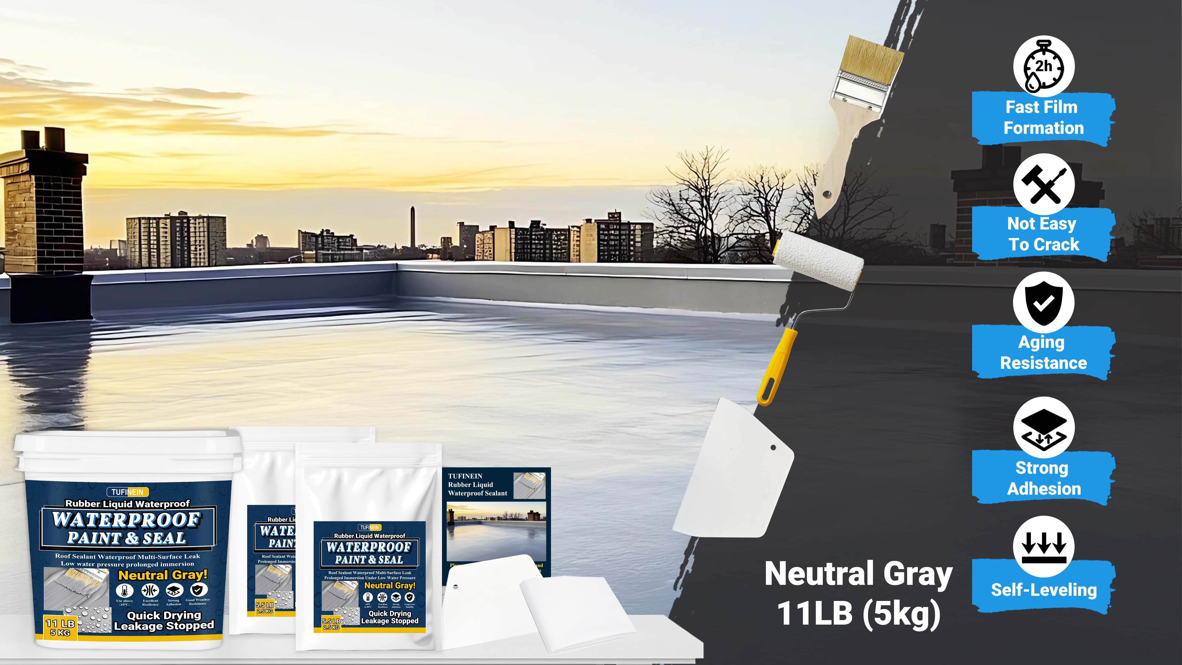 Image of Rubber Liquid Waterproof Sealant, TUFINEIN 11 LB /5 KG Neutral Gray Quick Drying Multi Surface Foundation Leak Repair - Roof Gutters Basement Sealer Waterproof - Indoor & Outdoor Flexible Rubber Paint