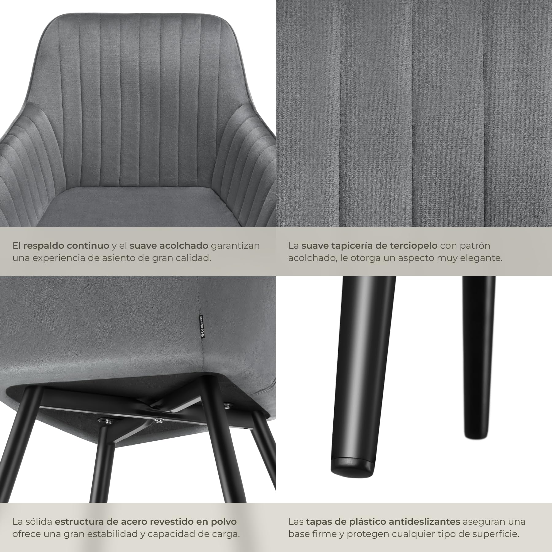 tectake® Silla de Comedor con Tapizado Aterciopelado Acolchado, Silla de Cocina Elegante y Moderna, Patas de Acero, Fácil Limpieza, Ideal Silla Salón, Tocador, Dormitorio - 1 Silla Gris/Negro