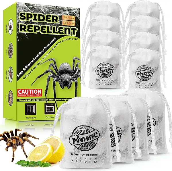 12 Pack Long-Lasting Spider Repellent Pouches - Natural Peppermint & Lemongrass Oil Blend, Indoor/Outdoor Pest Control for Closets, Attics, Garages, RVs (60 Day Protection)