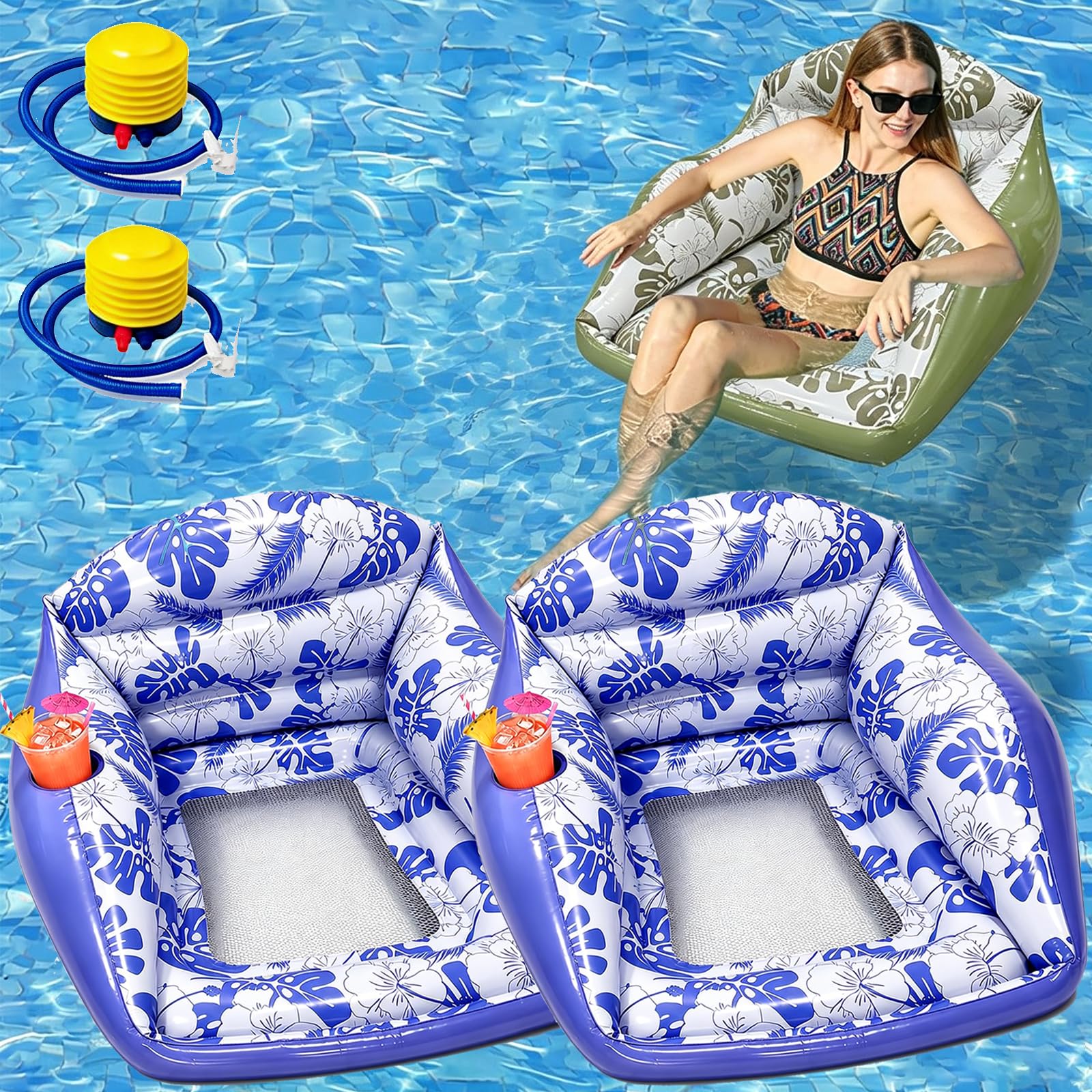 U-Shaped Water Inflatable Pool Float, 3-In-1 Lounge Chair Pool Float with Cooling Mesh Seat, Adult Floating Ergonomic Lounger for Outdoor Holiday Beach Travel Party Lake River (2PCS-C)