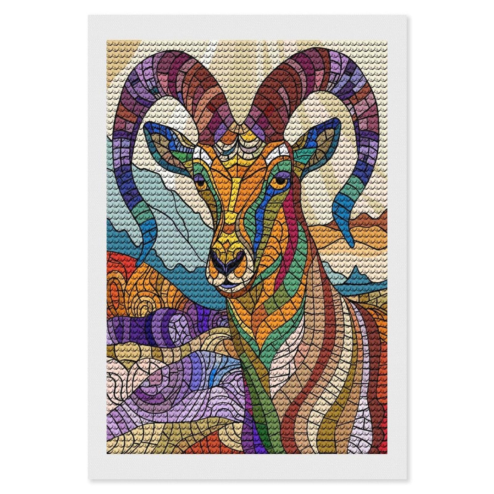 Junmoney Stained Glass Ram in Mountains DIY Diamond Art Canvas Kit 8"x12", Complete Accessories, Creative Leisure Activity, Home Wall Decor, Gift Idea