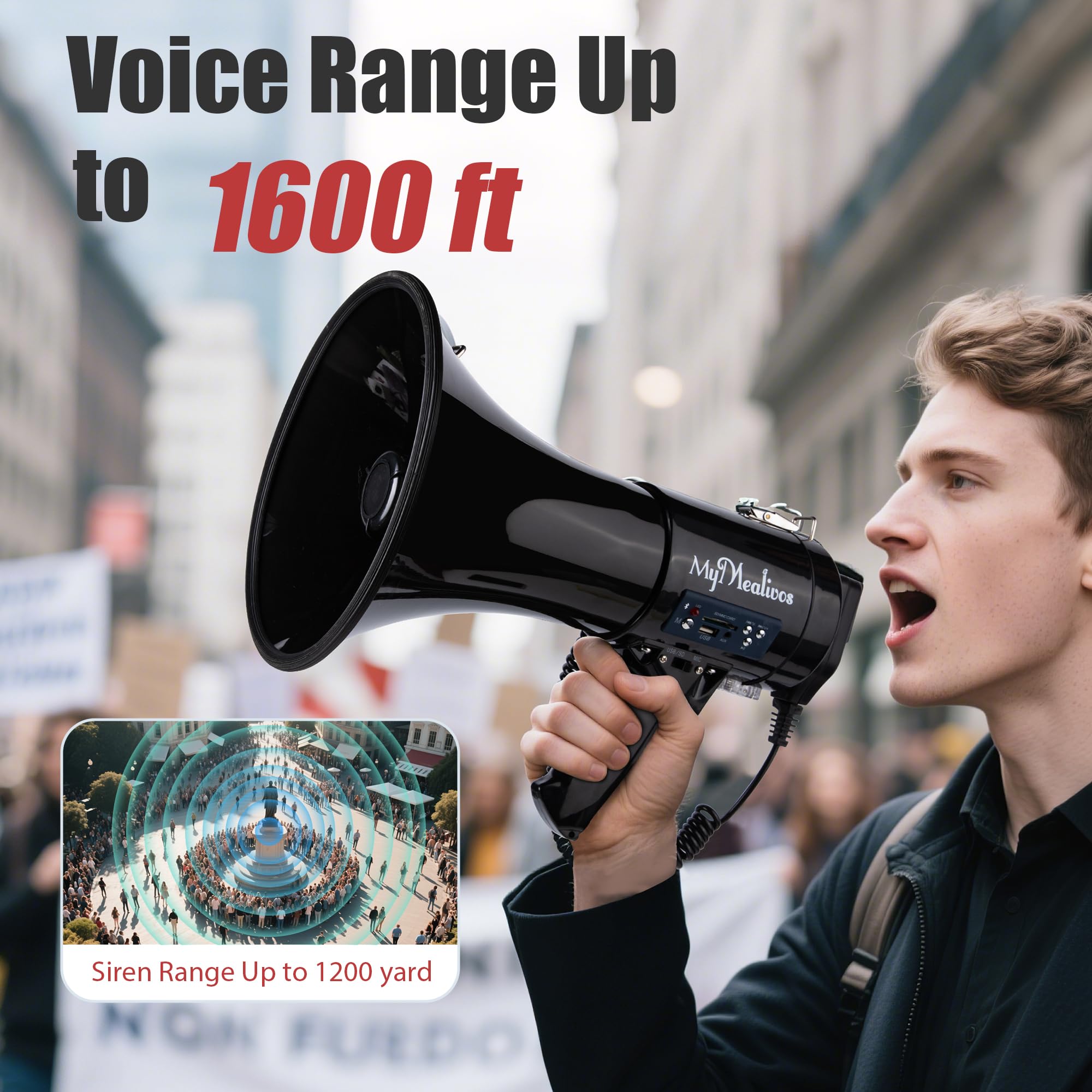 MyMealivos Mégaphone avec sirène Bullhorn 50 W avec Microphone Amovible, Sangle légère Portable et entrée auxiliaire 3,5 mm (mégaphone)