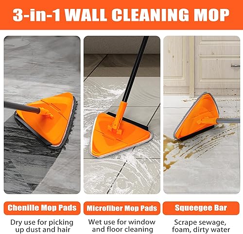 Miniatura 10 de JEHONN Limpiador de pared con mango largo de 82 pulgadas, herramienta de limpieza de techo 3 en 1 con 6 almohadillas de microfibra de felpilla de