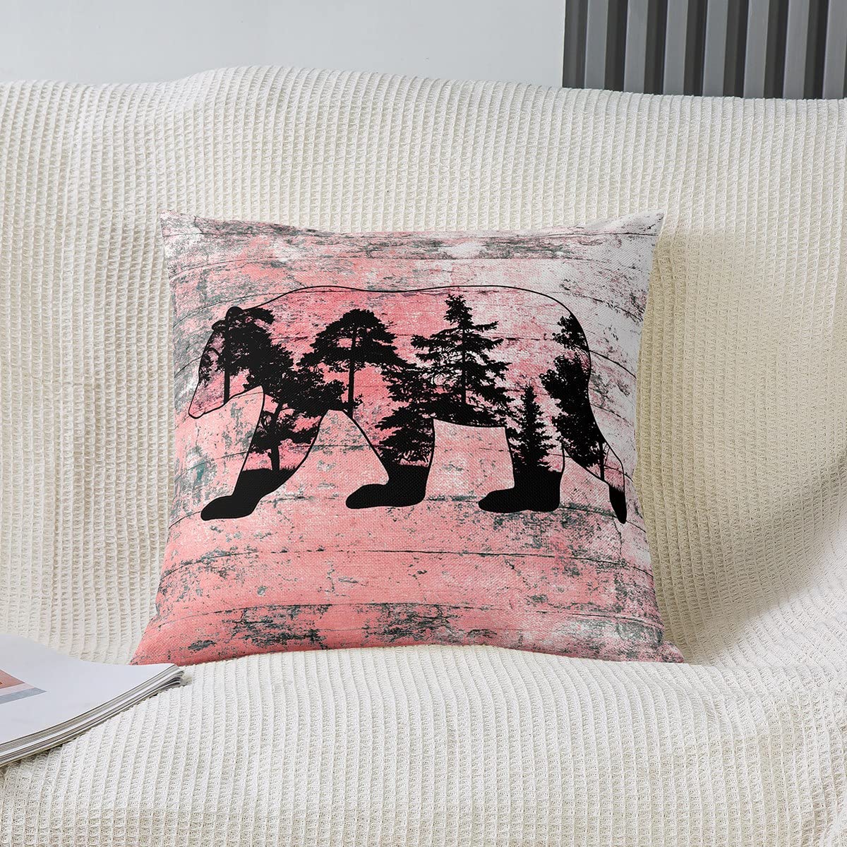 Loussiesd 45x45cm Bear Boys Wild Animals Pillow Covers 2pcs Set Pillow Covers Soft For Nature Wild Animals Bear Sofa Couch Cushion Vintage Wood Masin Print Pink Black White Decor Cushion โ image 1