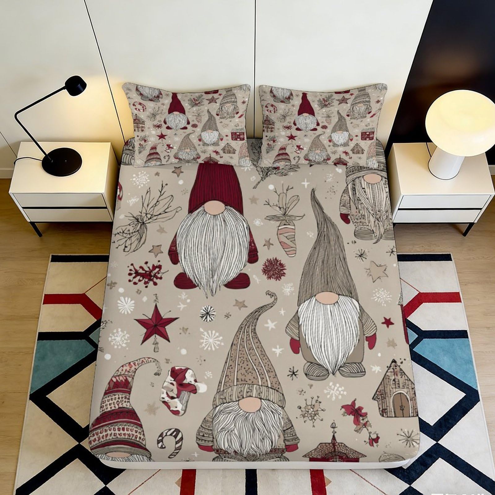 3D Printed Nordic Gnome Fitted Sheet Microfiber Festive Red Grey Christmas Bed Cover for Bedroom Decor 90x200x25cm