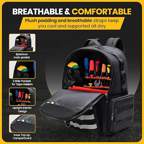 Miniatura 5 de Mochila de herramientas resistente con 3 bolsas de almacenamiento, bolsa organizadora de herramientas táctica reflectante con soporte acolchado para