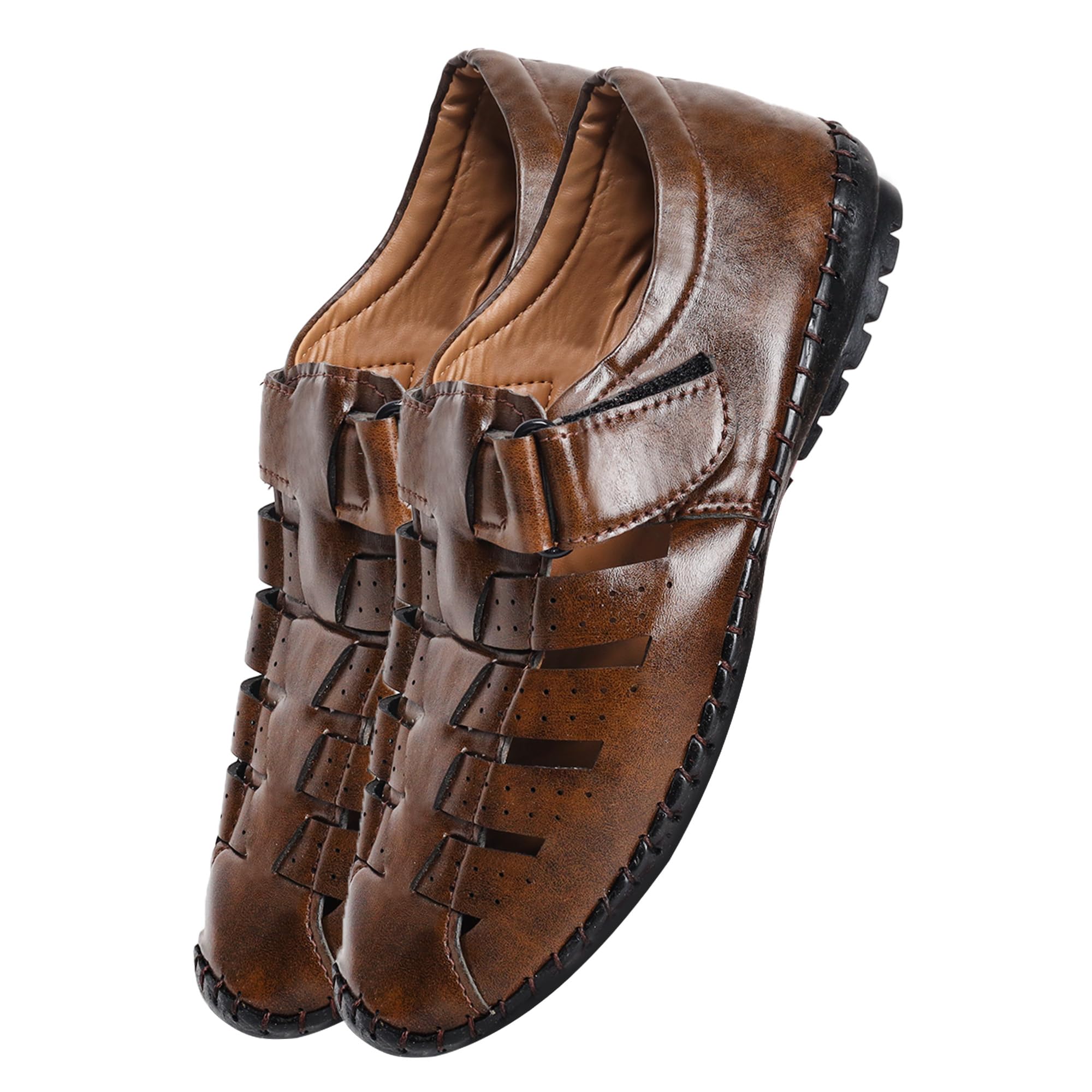 Men's Closed Toe Sandal, Tan Synthetic Leather, Woven Cut-out Roman Slip-on, Velcro Closure, Rubber Sole, Casual Wear-image-1