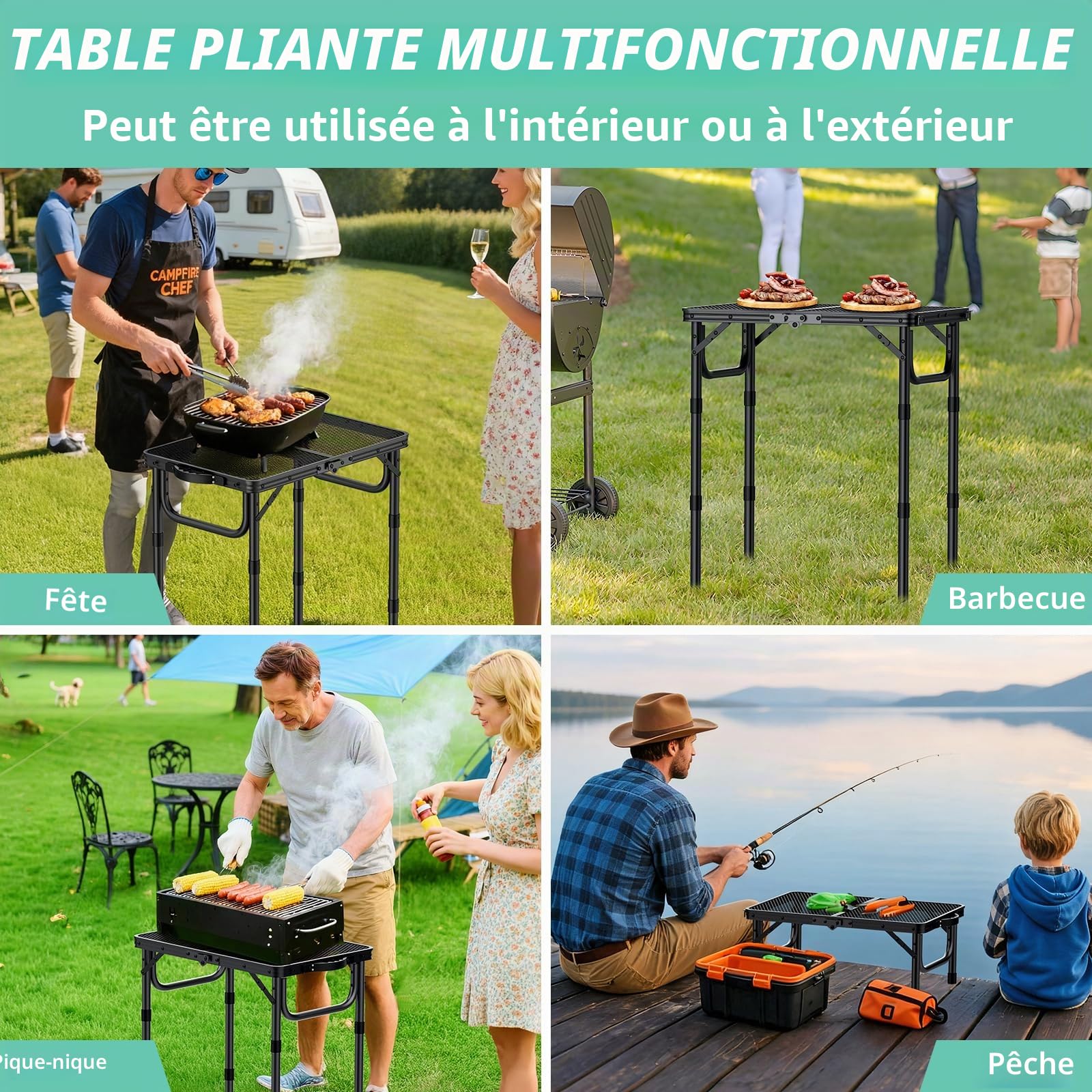 VINTEAM Table de Camping Pliante 3 Hauteur Réglable Grille 58 * 40cm | Charge 30kg, Résistant à la chaleur, Facile à Nettoyer, Cadre en Aluminium Solide pour BBQ, Pique-Nique, Jardin, en Plein air