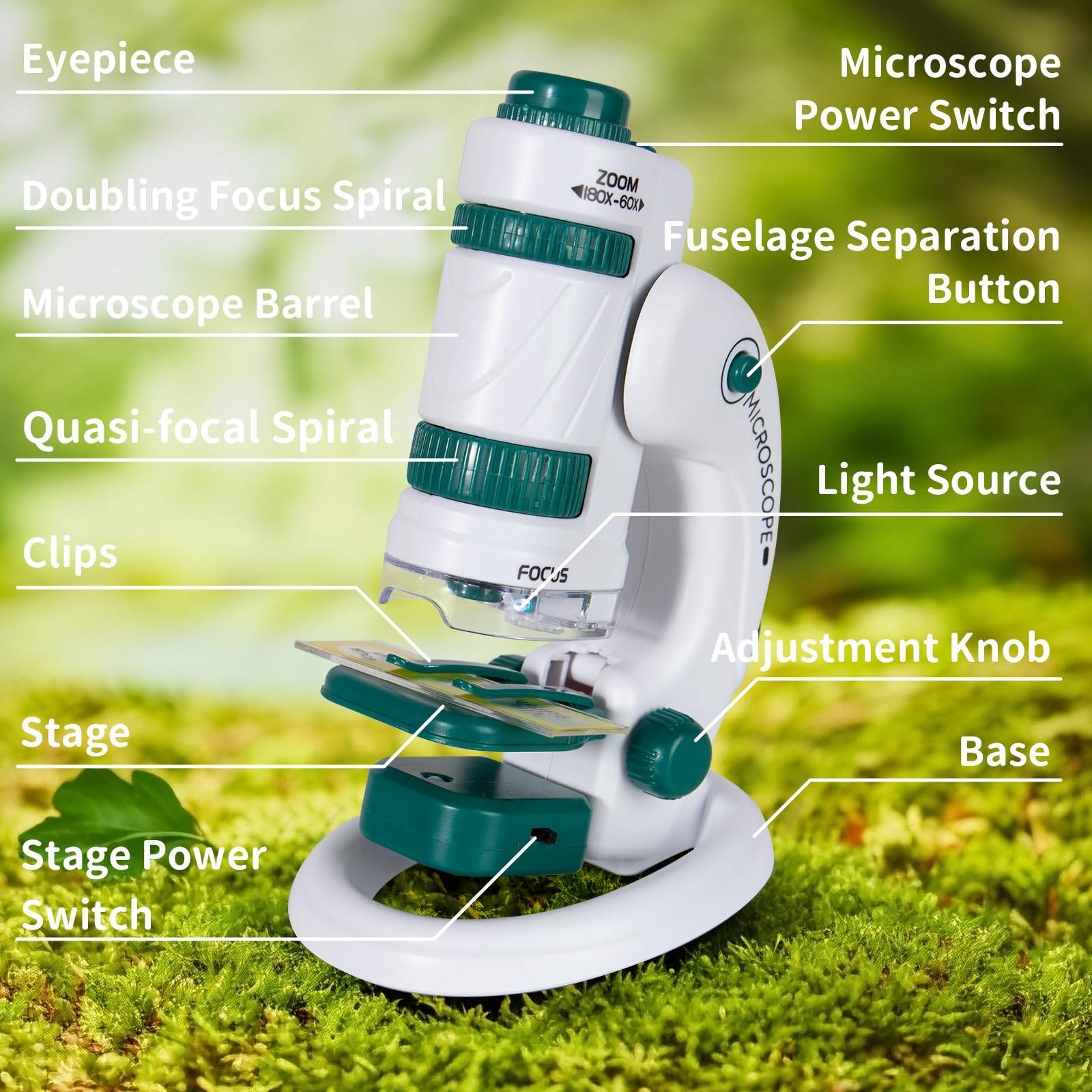 Todeco Microscope 60X-180X pour Enfants et Étudiants - Ensemble avec Zoom Éclairé par LED, 12 Lames Préparées - pour l'Observation Microbiologique